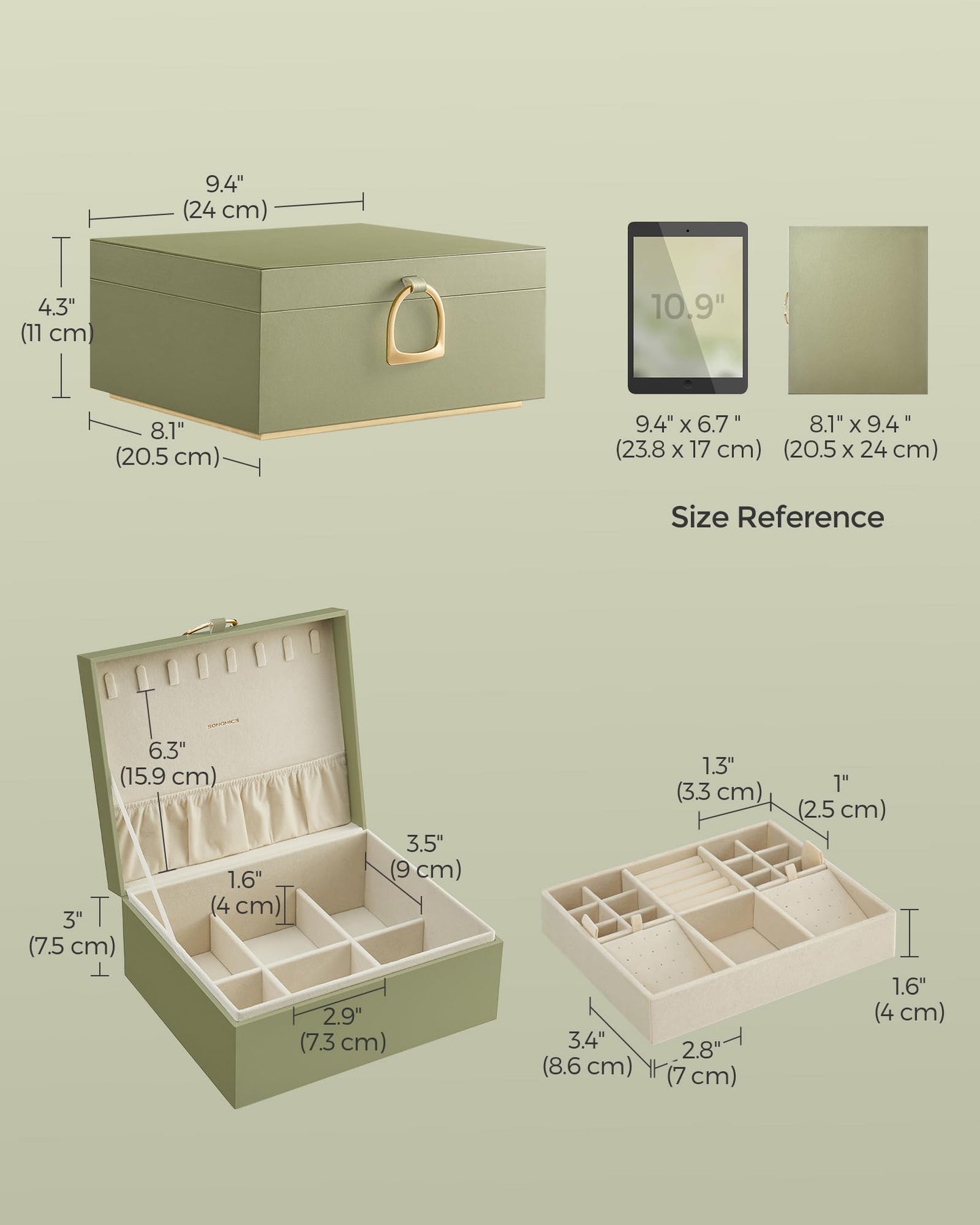SONGMICS 2-Layer Jewelry Box, Jewelry Organizer with Handle, Removable Jewelry Tray, Jewelry Storage, Floating Effect, 8.1 x 9.4 x 4.3 Inches, Christmas Gift, Forest Green UJBC165C01