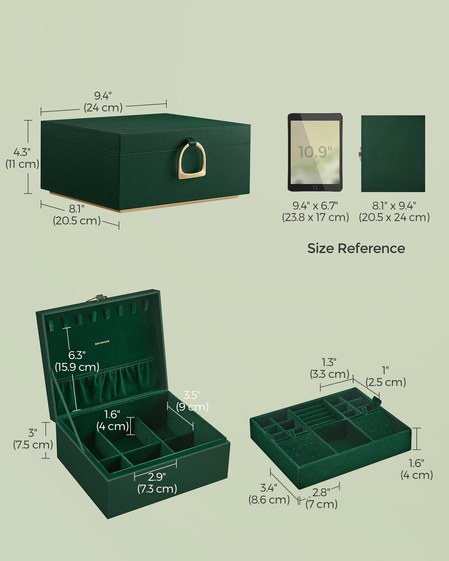 SONGMICS 2-Layer Jewelry Box, Jewelry Organizer with Handle, Removable Jewelry Tray, Jewelry Storage, Floating Effect, 8.1 x 9.4 x 4.3 Inches, Christmas Gift, Forest Green UJBC165C01