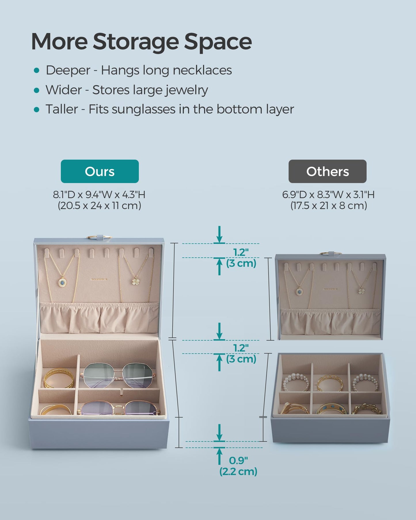 SONGMICS 2-Layer Jewelry Box, Jewelry Organizer with Handle, Removable Jewelry Tray, Jewelry Storage, Floating Effect, 8.1 x 9.4 x 4.3 Inches, Christmas Gift, Forest Green UJBC165C01