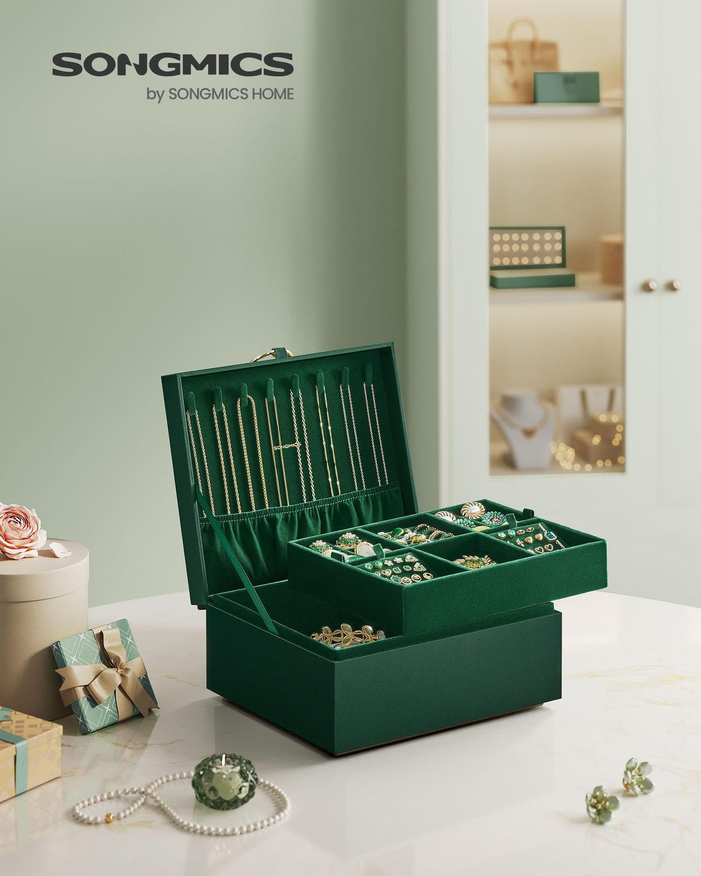 SONGMICS 2-Layer Jewelry Box, Jewelry Organizer with Handle, Removable Jewelry Tray, Jewelry Storage, Floating Effect, 8.1 x 9.4 x 4.3 Inches, Christmas Gift, Forest Green UJBC165C01