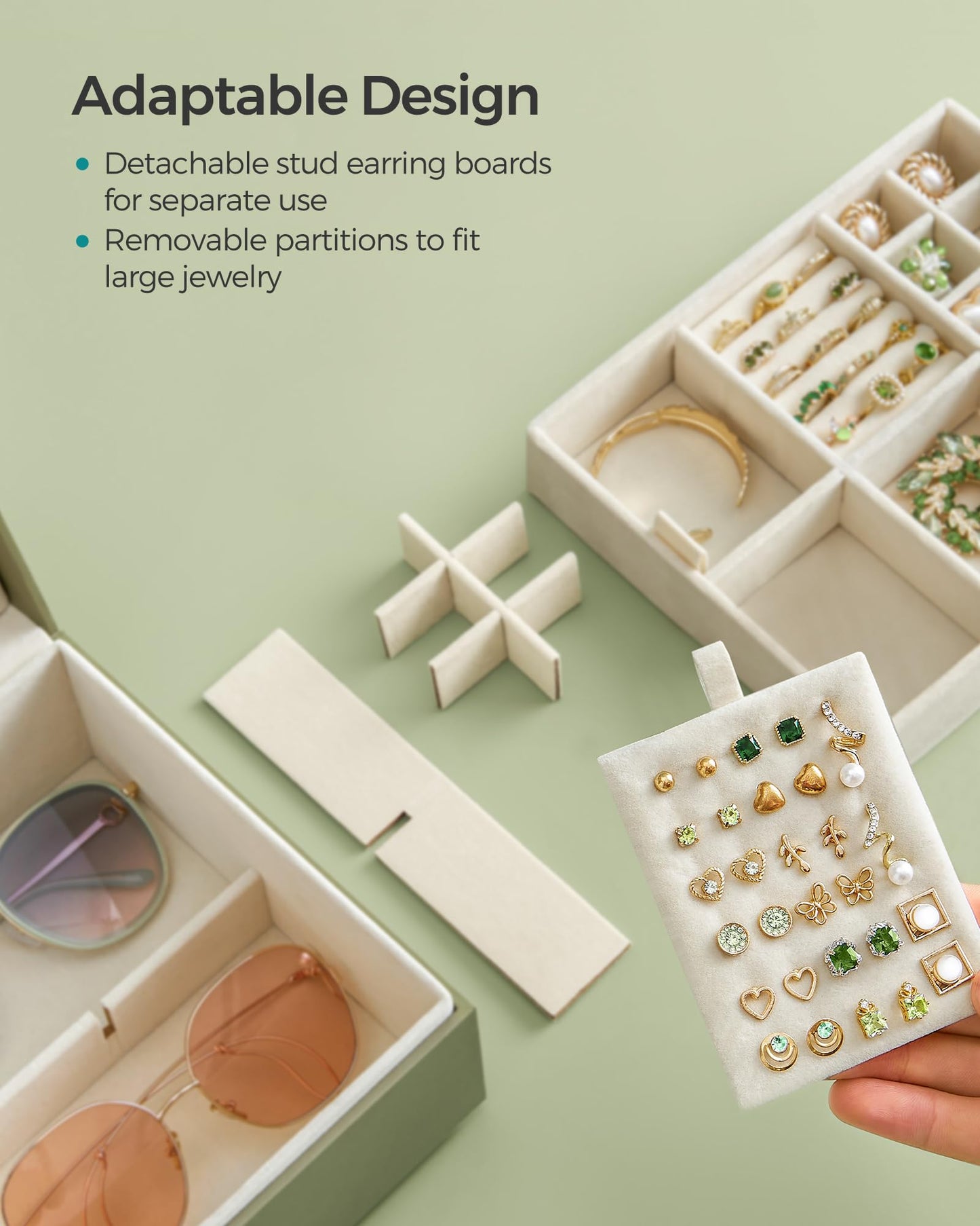 SONGMICS 2-Layer Jewelry Box, Jewelry Organizer with Handle, Removable Jewelry Tray, Jewelry Storage, Floating Effect, 8.1 x 9.4 x 4.3 Inches, Christmas Gift, Forest Green UJBC165C01