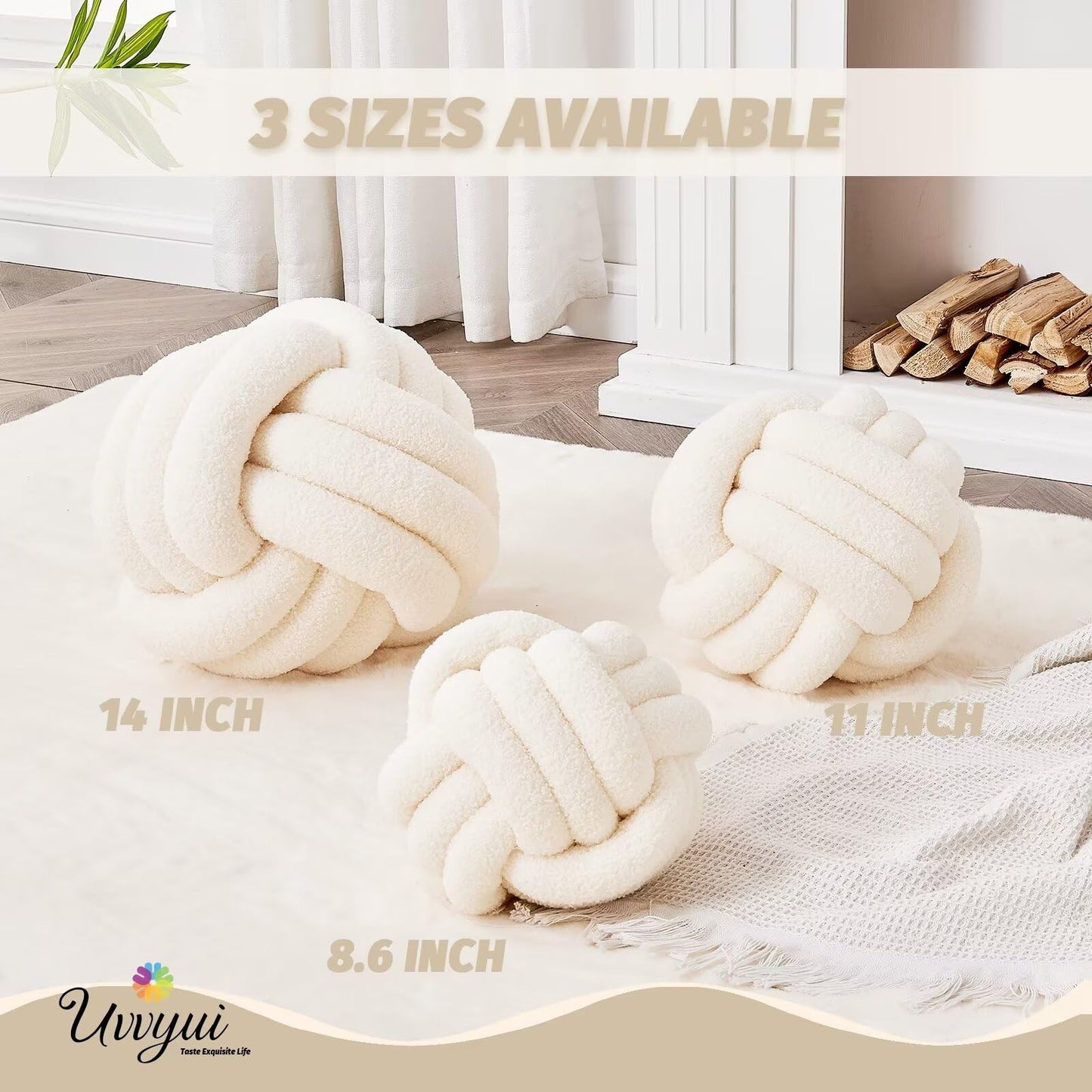 Uvvyui Knot Pillow Ball, Soft Home Decorative Round Throw Pillow, Handmade Knotted Plush Pillow, Round Boucle Pillow Cushion (8.6 Inches Ivory)