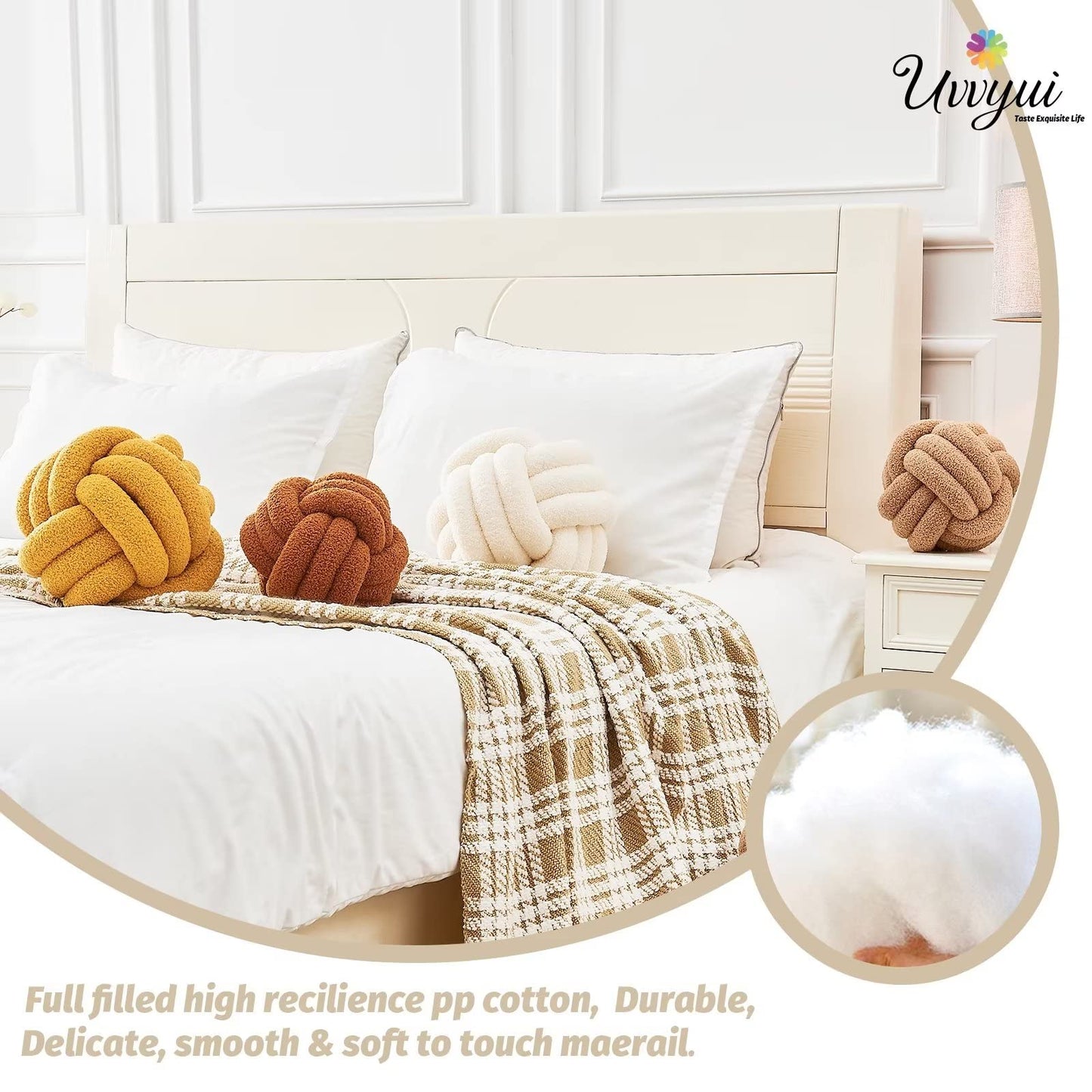 Uvvyui Knot Pillow Ball, Soft Home Decorative Round Throw Pillow, Handmade Knotted Plush Pillow, Round Boucle Pillow Cushion (8.6 Inches Ivory)