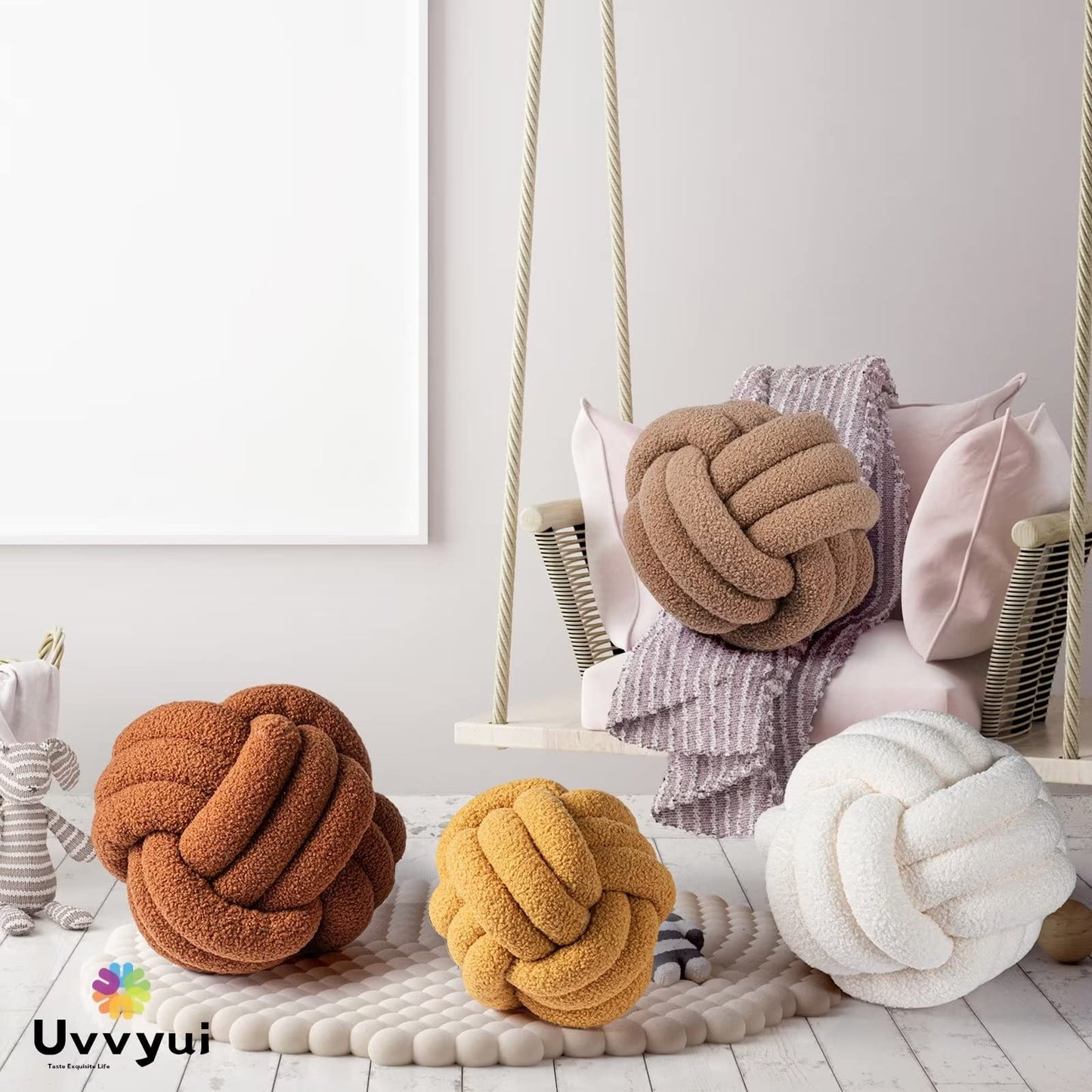 Uvvyui Knot Pillow Ball, Soft Home Decorative Round Throw Pillow, Handmade Knotted Plush Pillow, Round Boucle Pillow Cushion (8.6 Inches Ivory)