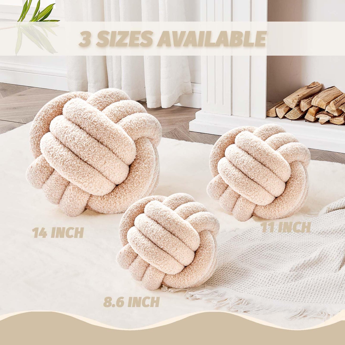 Uvvyui Knot Pillow Ball, Soft Home Decorative Round Throw Pillow, Handmade Knotted Plush Pillow, Round Boucle Pillow Cushion (8.6 Inches Ivory)
