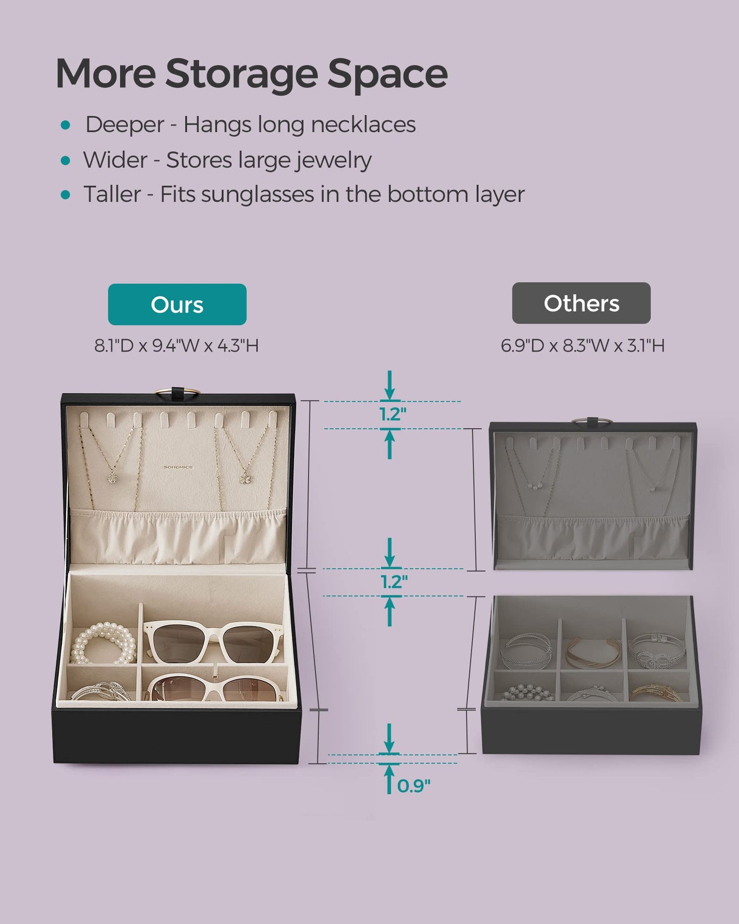 SONGMICS 2-Layer Jewelry Box, Jewelry Organizer with Handle, Removable Jewelry Tray, Jewelry Storage, Floating Effect, 8.1 x 9.4 x 4.3 Inches, Christmas Gift, Forest Green UJBC165C01
