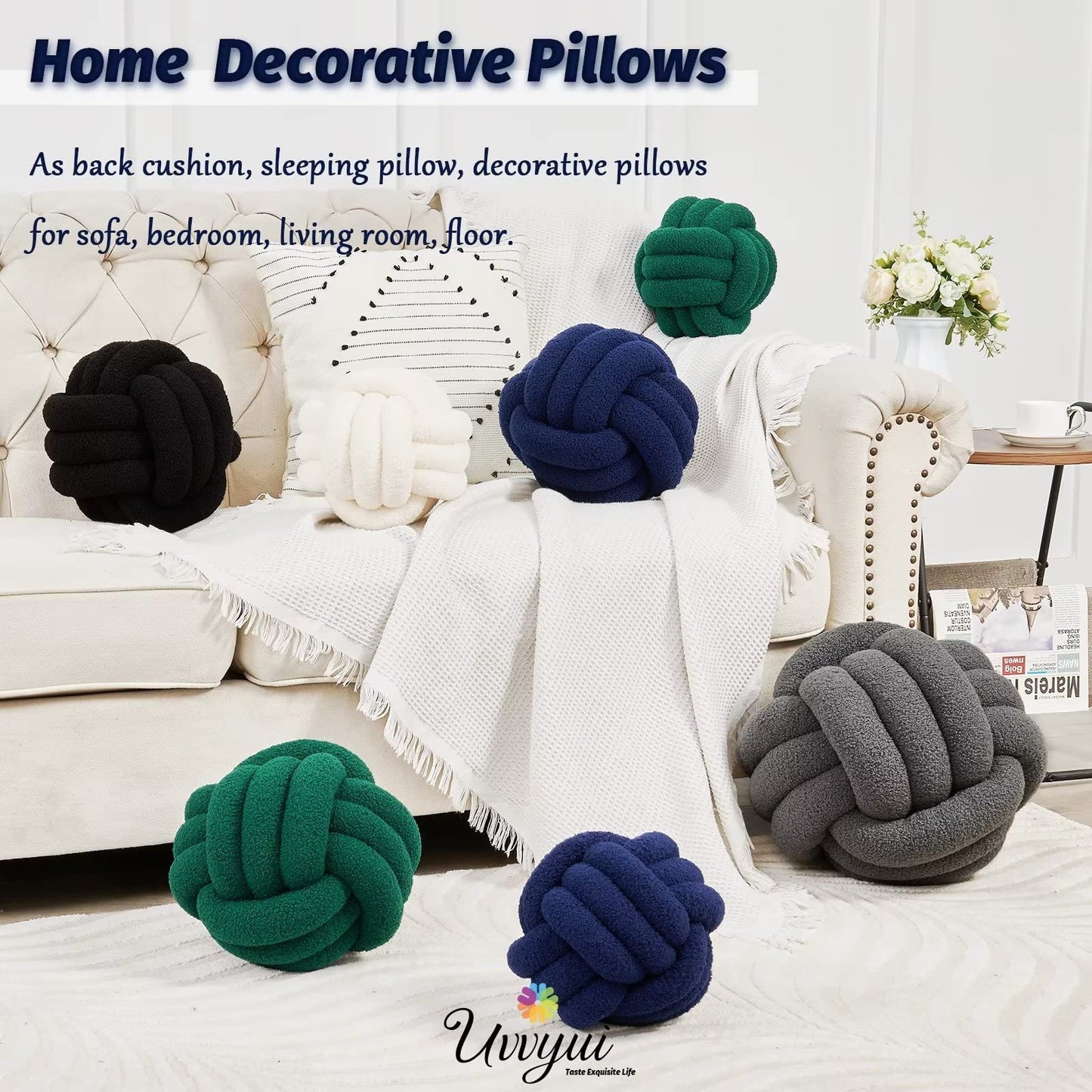 Uvvyui Knot Pillow Ball, Soft Home Decorative Round Throw Pillow, Handmade Knotted Plush Pillow, Round Boucle Pillow Cushion (8.6 Inches Ivory)