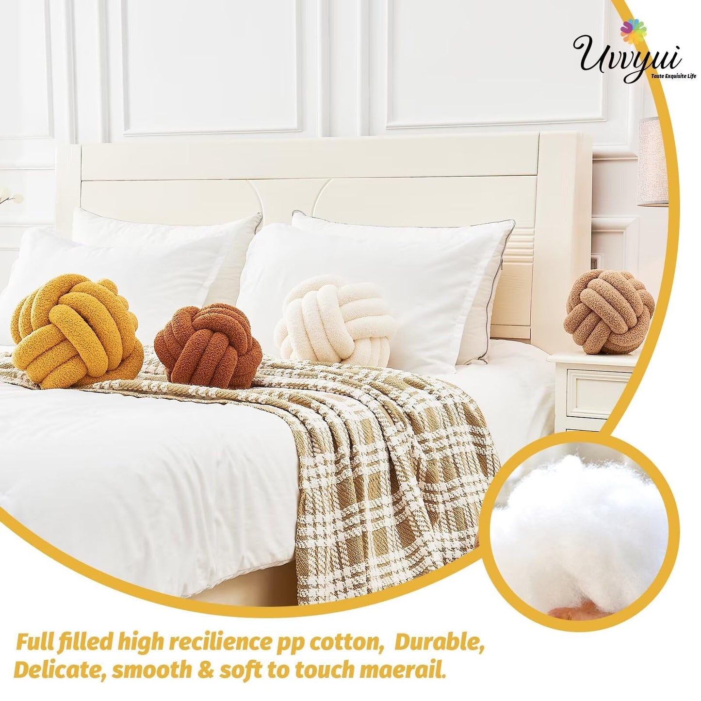 Uvvyui Knot Pillow Ball, Soft Home Decorative Round Throw Pillow, Handmade Knotted Plush Pillow, Round Boucle Pillow Cushion (8.6 Inches Ivory)