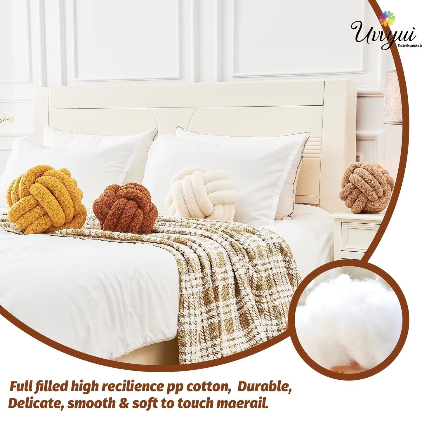 Uvvyui Knot Pillow Ball, Soft Home Decorative Round Throw Pillow, Handmade Knotted Plush Pillow, Round Boucle Pillow Cushion (8.6 Inches Ivory)