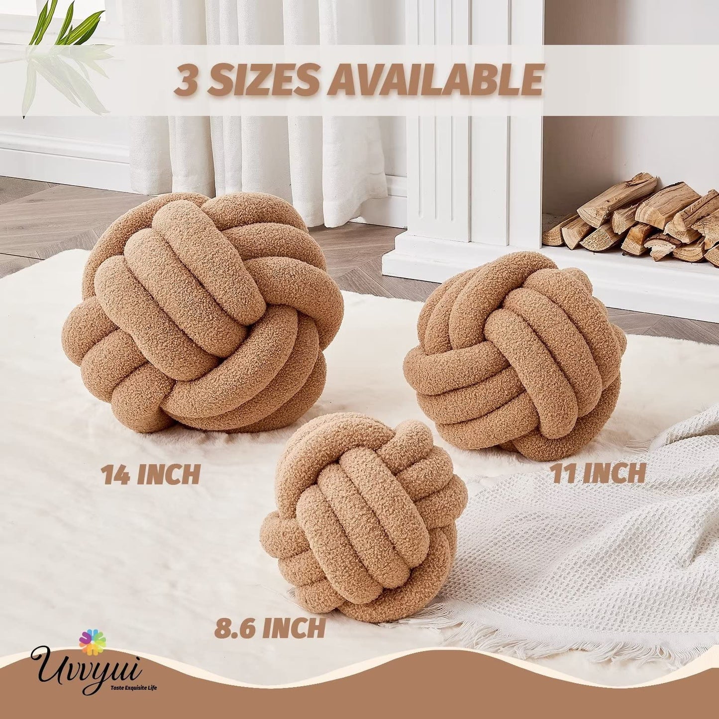 Uvvyui Knot Pillow Ball, Soft Home Decorative Round Throw Pillow, Handmade Knotted Plush Pillow, Round Boucle Pillow Cushion (8.6 Inches Ivory)