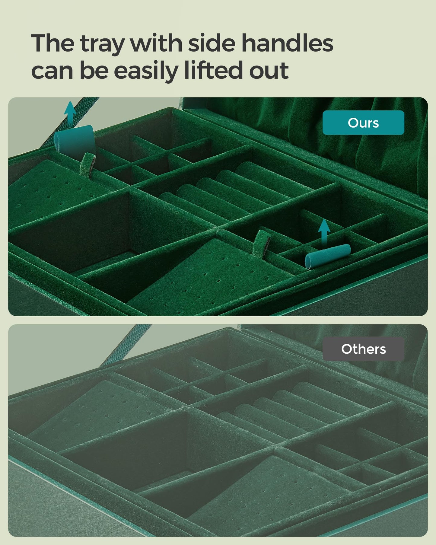 SONGMICS 2-Layer Jewelry Box, Jewelry Organizer with Handle, Removable Jewelry Tray, Jewelry Storage, Floating Effect, 8.1 x 9.4 x 4.3 Inches, Christmas Gift, Forest Green UJBC165C01