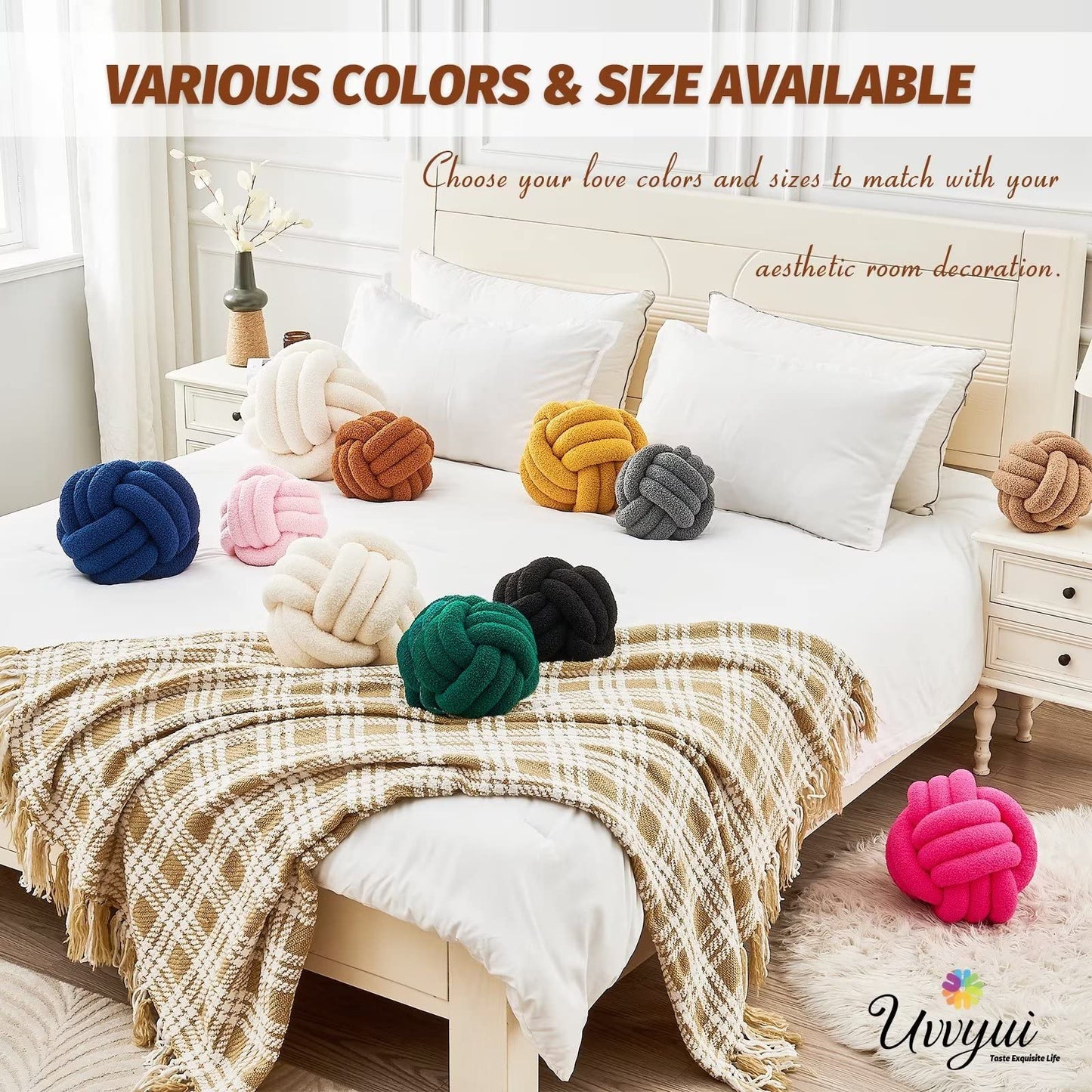Uvvyui Knot Pillow Ball, Soft Home Decorative Round Throw Pillow, Handmade Knotted Plush Pillow, Round Boucle Pillow Cushion (8.6 Inches Ivory)