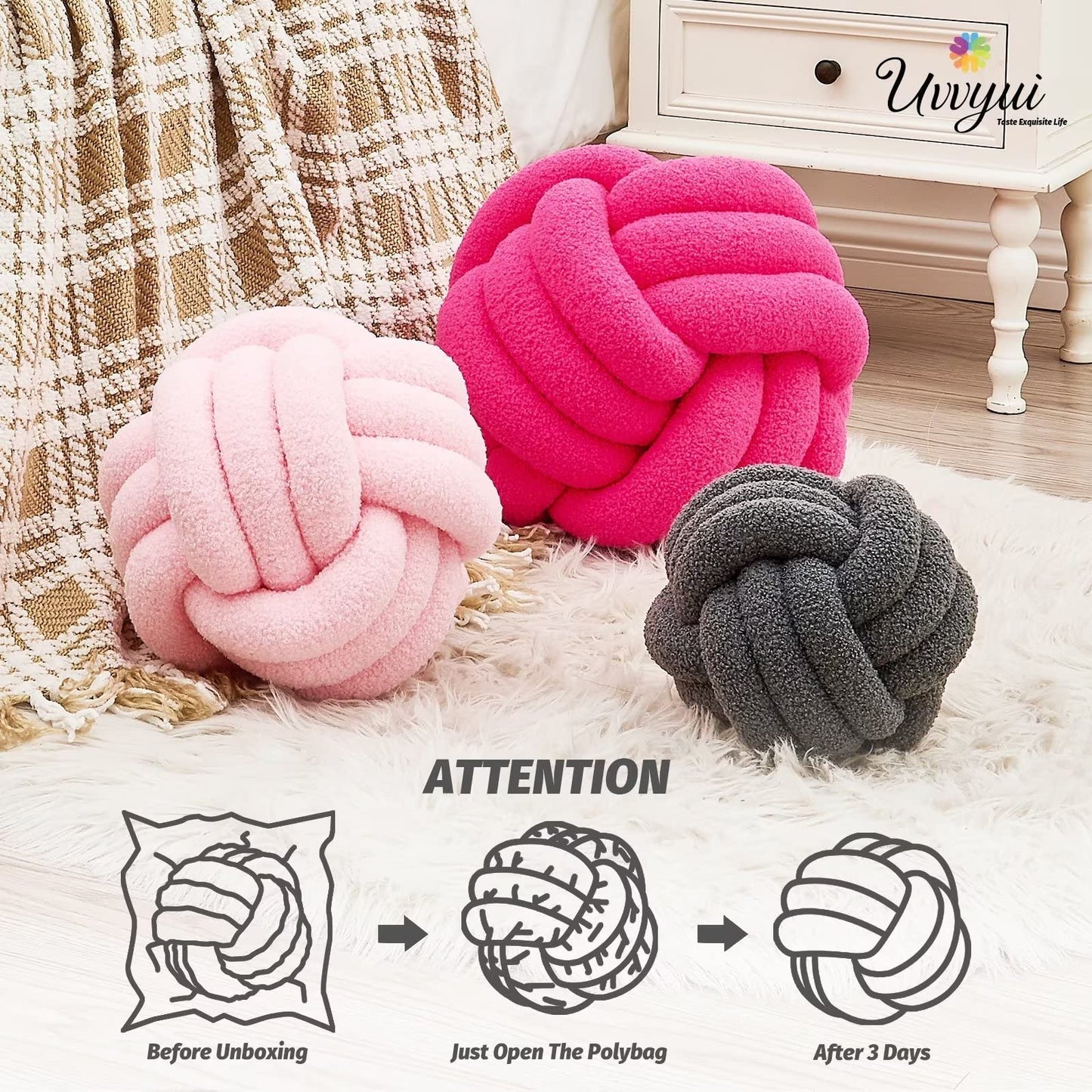 Uvvyui Knot Pillow Ball, Soft Home Decorative Round Throw Pillow, Handmade Knotted Plush Pillow, Round Boucle Pillow Cushion (8.6 Inches Ivory)