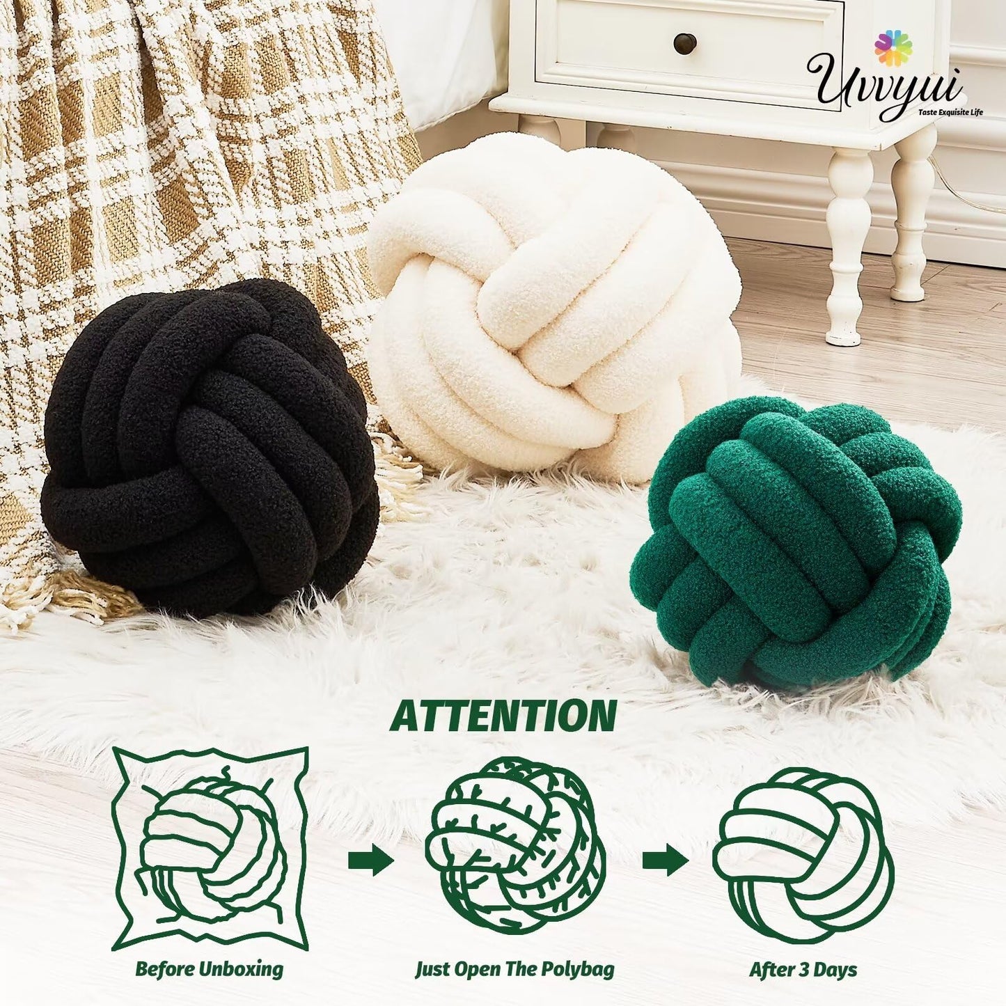 Uvvyui Knot Pillow Ball, Soft Home Decorative Round Throw Pillow, Handmade Knotted Plush Pillow, Round Boucle Pillow Cushion (8.6 Inches Ivory)