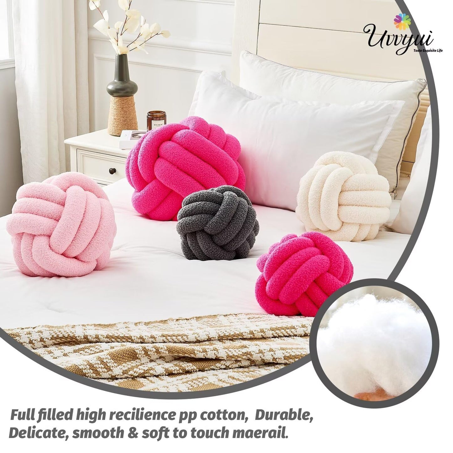 Uvvyui Knot Pillow Ball, Soft Home Decorative Round Throw Pillow, Handmade Knotted Plush Pillow, Round Boucle Pillow Cushion (8.6 Inches Ivory)
