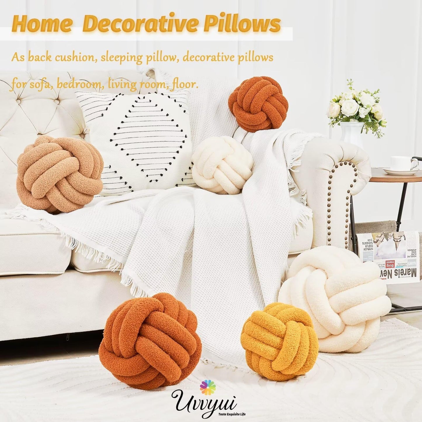 Uvvyui Knot Pillow Ball, Soft Home Decorative Round Throw Pillow, Handmade Knotted Plush Pillow, Round Boucle Pillow Cushion (8.6 Inches Ivory)