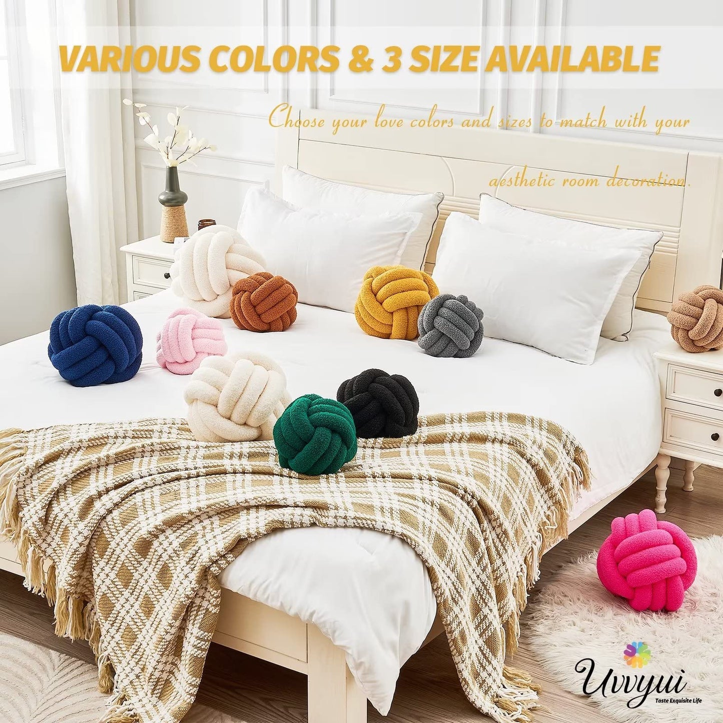 Uvvyui Knot Pillow Ball, Soft Home Decorative Round Throw Pillow, Handmade Knotted Plush Pillow, Round Boucle Pillow Cushion (8.6 Inches Ivory)