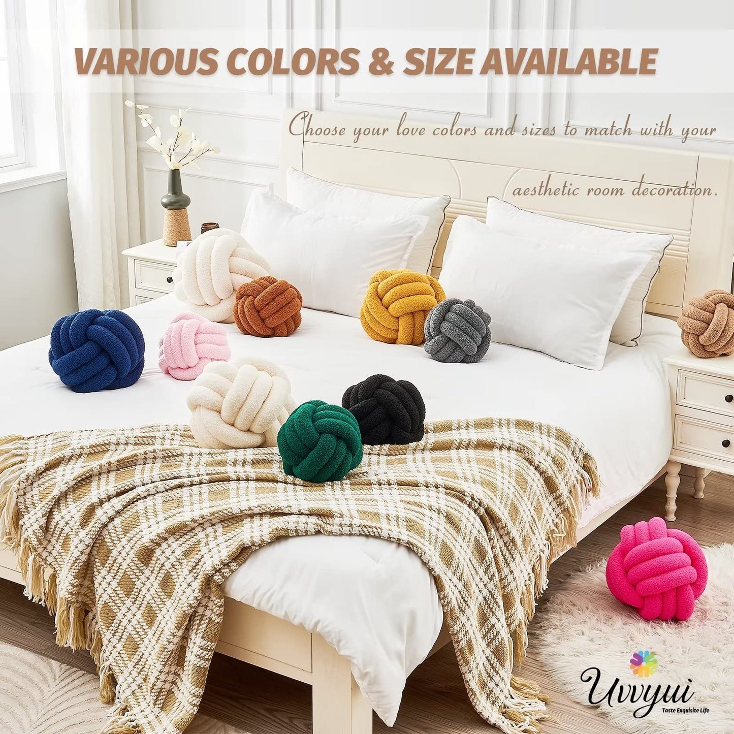 Uvvyui Knot Pillow Ball, Soft Home Decorative Round Throw Pillow, Handmade Knotted Plush Pillow, Round Boucle Pillow Cushion (8.6 Inches Ivory)