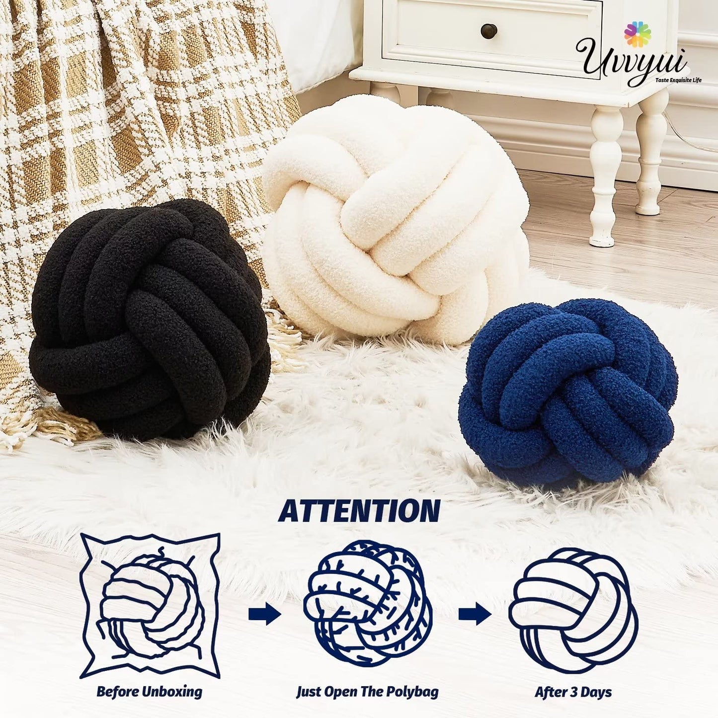 Uvvyui Knot Pillow Ball, Soft Home Decorative Round Throw Pillow, Handmade Knotted Plush Pillow, Round Boucle Pillow Cushion (8.6 Inches Ivory)