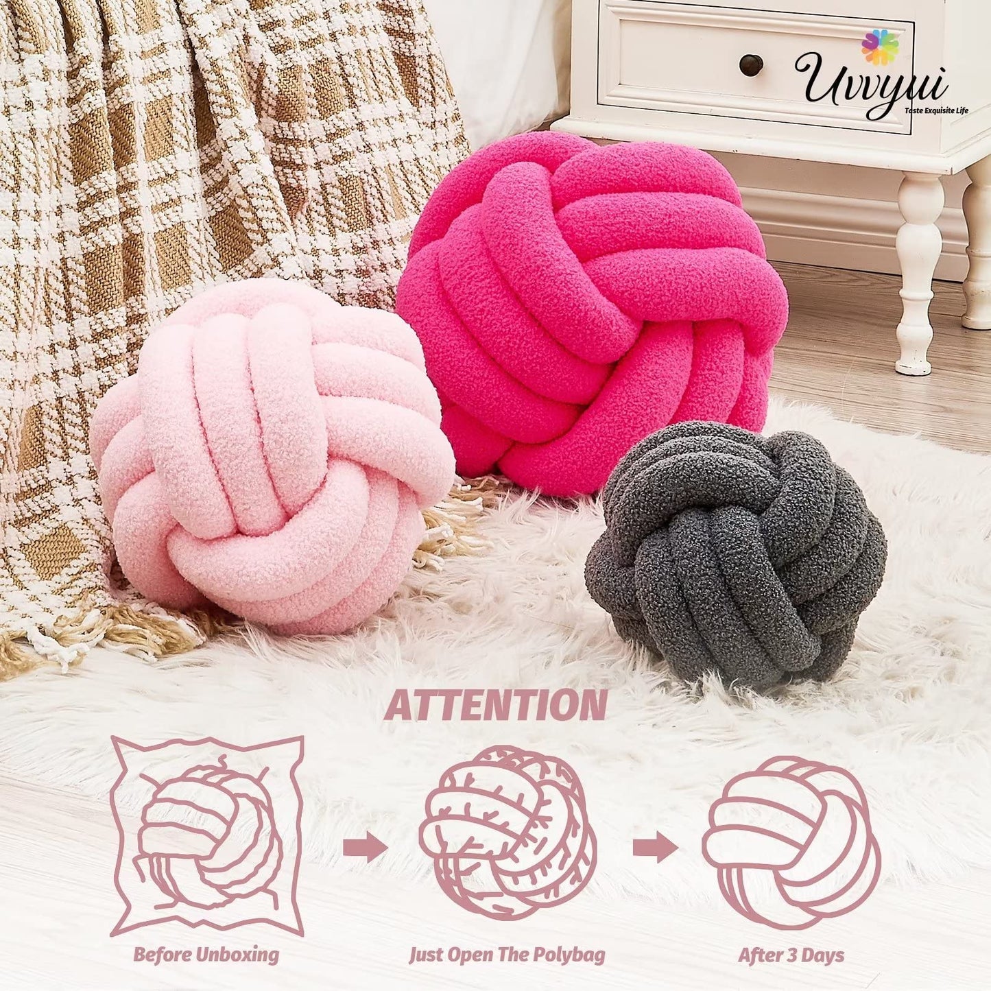 Uvvyui Knot Pillow Ball, Soft Home Decorative Round Throw Pillow, Handmade Knotted Plush Pillow, Round Boucle Pillow Cushion (8.6 Inches Ivory)