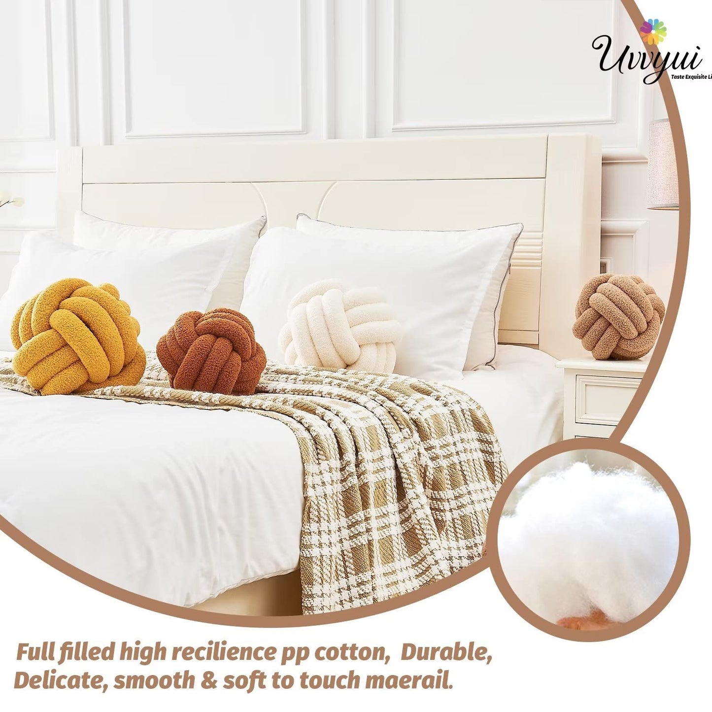 Uvvyui Knot Pillow Ball, Soft Home Decorative Round Throw Pillow, Handmade Knotted Plush Pillow, Round Boucle Pillow Cushion (8.6 Inches Ivory)