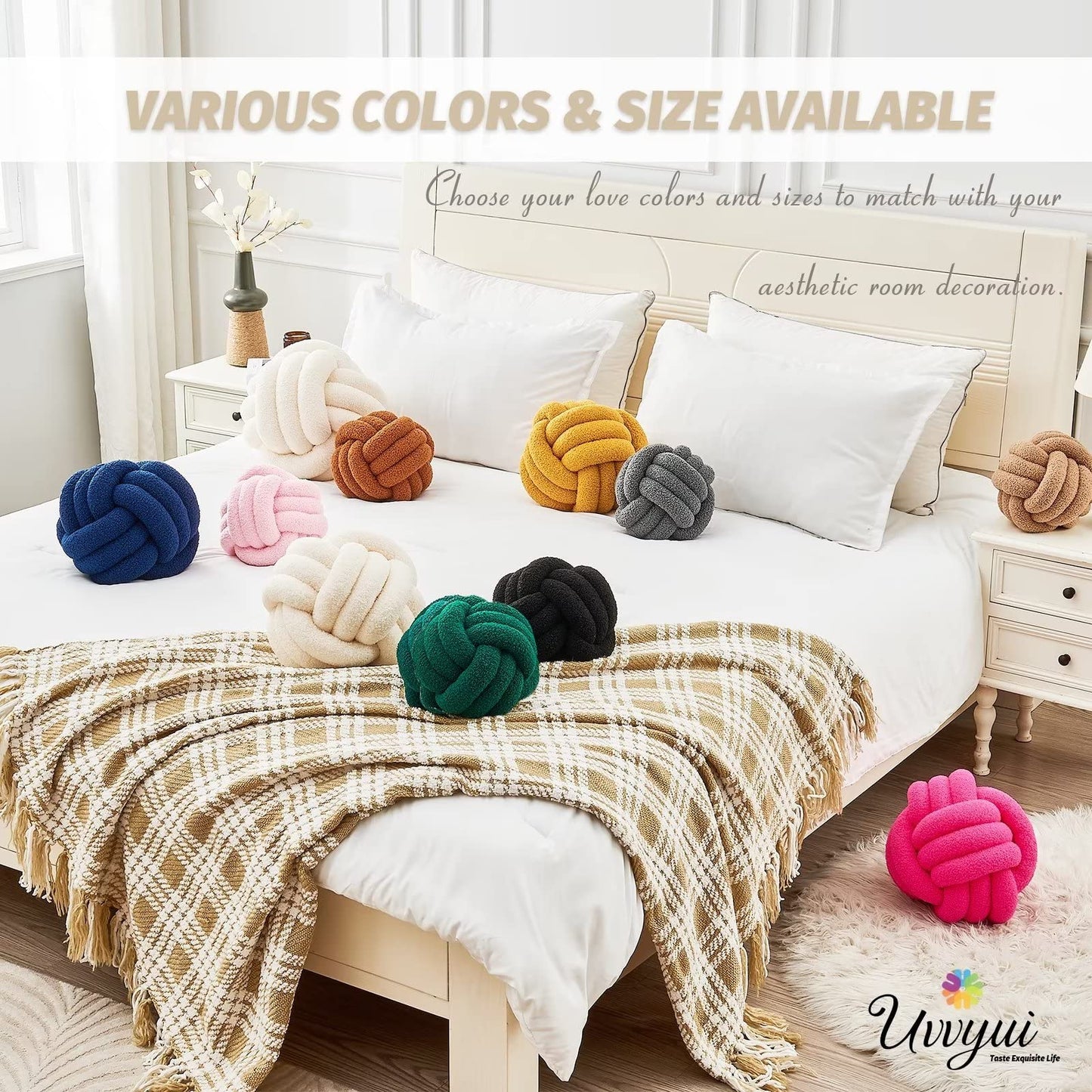 Uvvyui Knot Pillow Ball, Soft Home Decorative Round Throw Pillow, Handmade Knotted Plush Pillow, Round Boucle Pillow Cushion (8.6 Inches Ivory)