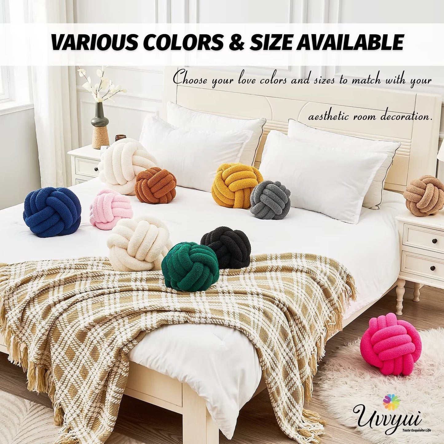 Uvvyui Knot Pillow Ball, Soft Home Decorative Round Throw Pillow, Handmade Knotted Plush Pillow, Round Boucle Pillow Cushion (8.6 Inches Ivory)