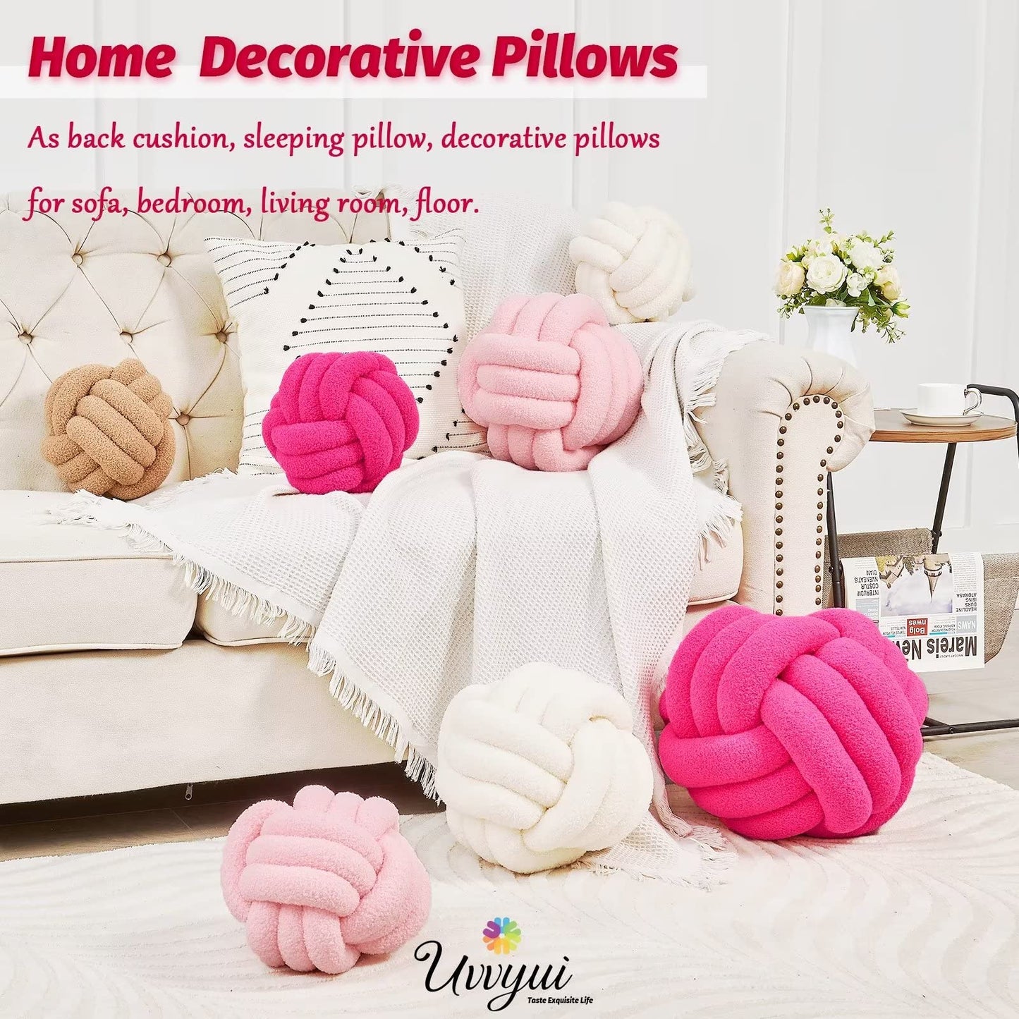 Uvvyui Knot Pillow Ball, Soft Home Decorative Round Throw Pillow, Handmade Knotted Plush Pillow, Round Boucle Pillow Cushion (8.6 Inches Ivory)