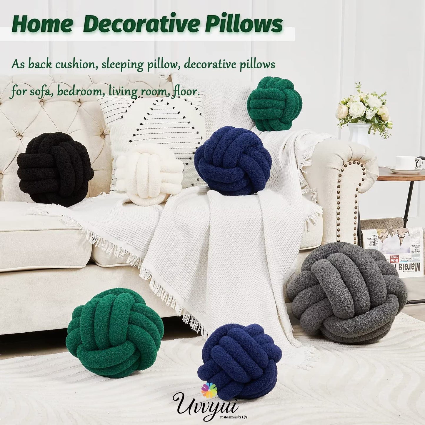 Uvvyui Knot Pillow Ball, Soft Home Decorative Round Throw Pillow, Handmade Knotted Plush Pillow, Round Boucle Pillow Cushion (8.6 Inches Ivory)