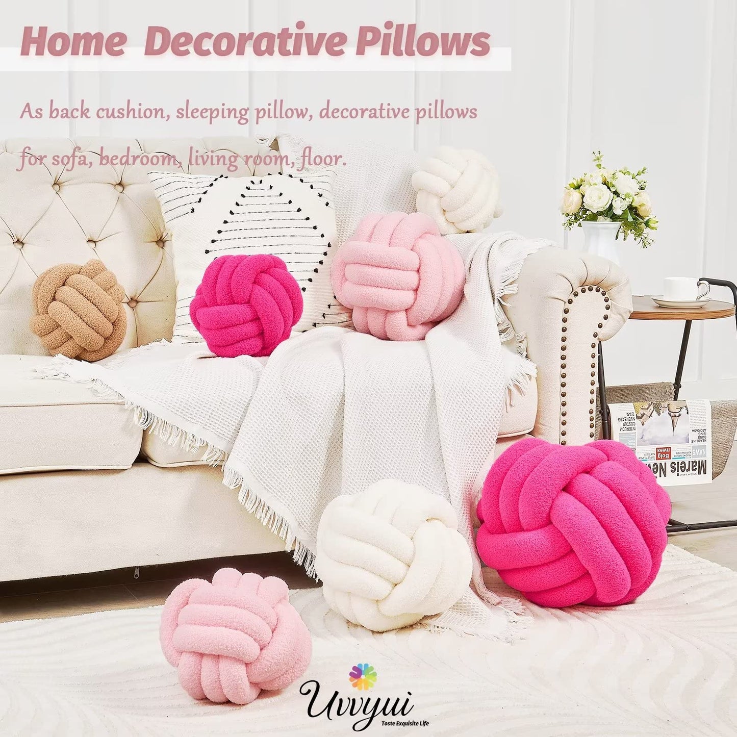 Uvvyui Knot Pillow Ball, Soft Home Decorative Round Throw Pillow, Handmade Knotted Plush Pillow, Round Boucle Pillow Cushion (8.6 Inches Ivory)