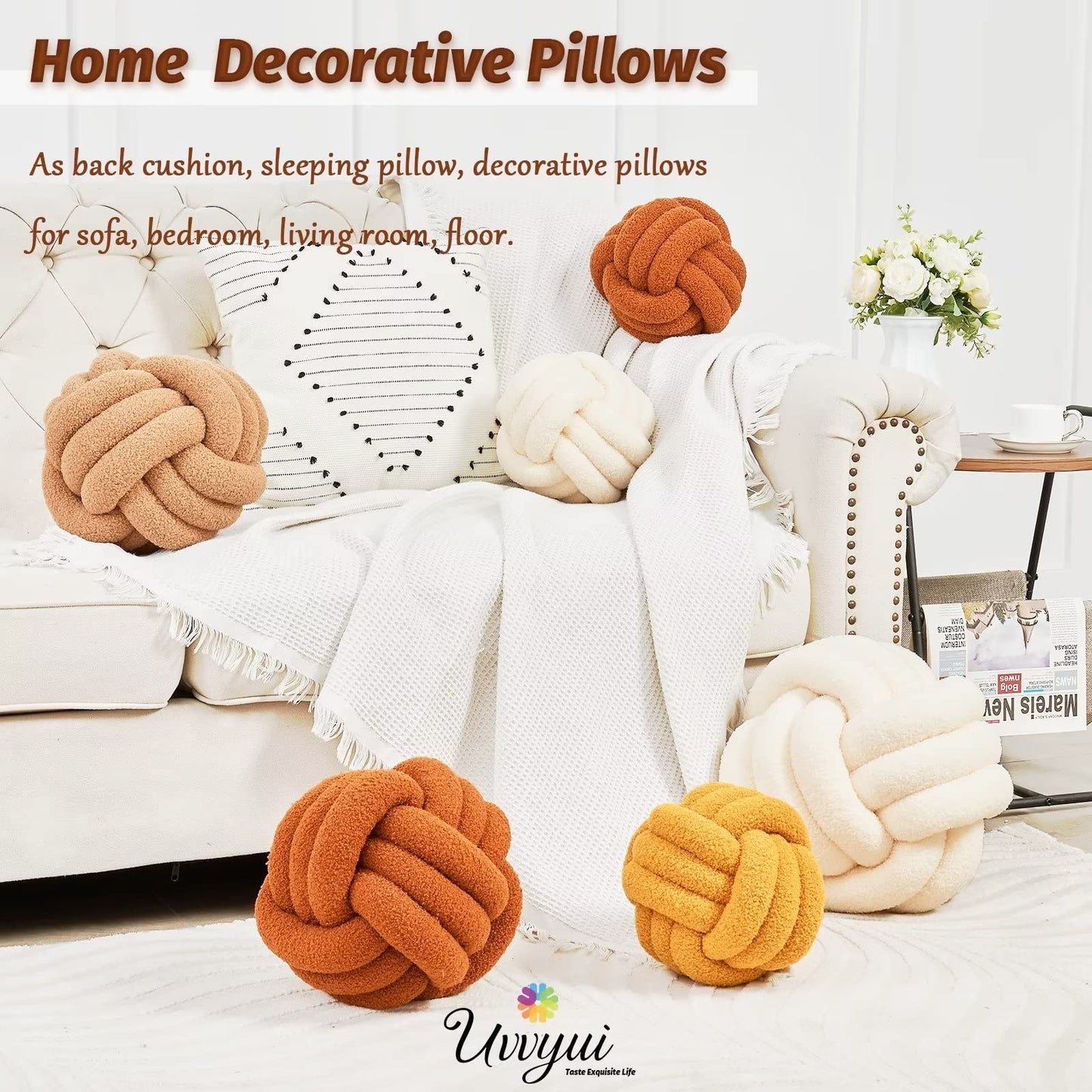 Uvvyui Knot Pillow Ball, Soft Home Decorative Round Throw Pillow, Handmade Knotted Plush Pillow, Round Boucle Pillow Cushion (8.6 Inches Ivory)
