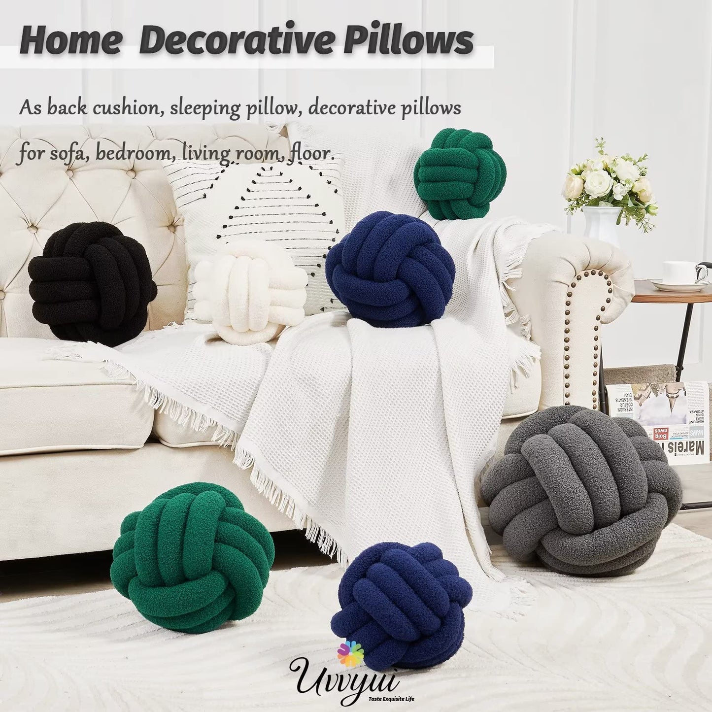 Uvvyui Knot Pillow Ball, Soft Home Decorative Round Throw Pillow, Handmade Knotted Plush Pillow, Round Boucle Pillow Cushion (8.6 Inches Ivory)