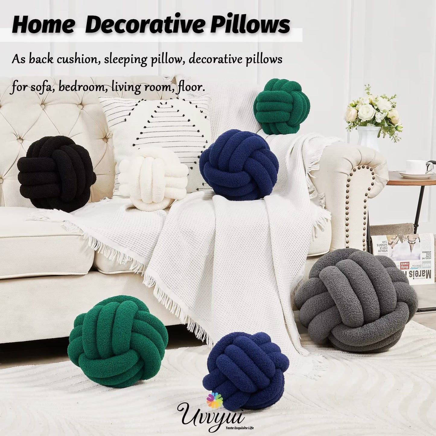 Uvvyui Knot Pillow Ball, Soft Home Decorative Round Throw Pillow, Handmade Knotted Plush Pillow, Round Boucle Pillow Cushion (8.6 Inches Ivory)
