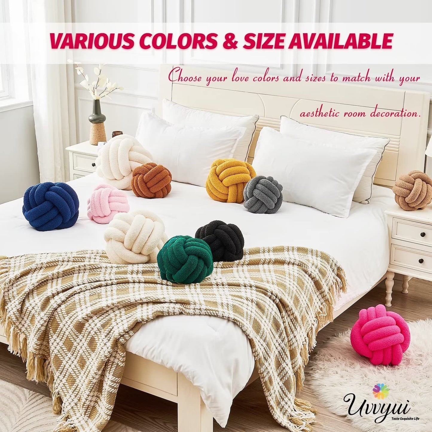 Uvvyui Knot Pillow Ball, Soft Home Decorative Round Throw Pillow, Handmade Knotted Plush Pillow, Round Boucle Pillow Cushion (8.6 Inches Ivory)