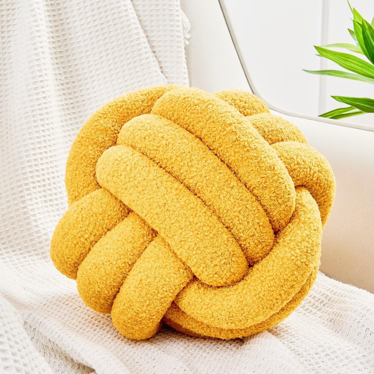 Uvvyui Knot Pillow Ball, Soft Home Decorative Round Throw Pillow, Handmade Knotted Plush Pillow, Round Boucle Pillow Cushion (8.6 Inches Ivory)