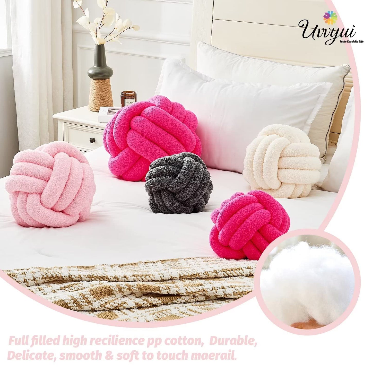 Uvvyui Knot Pillow Ball, Soft Home Decorative Round Throw Pillow, Handmade Knotted Plush Pillow, Round Boucle Pillow Cushion (8.6 Inches Ivory)