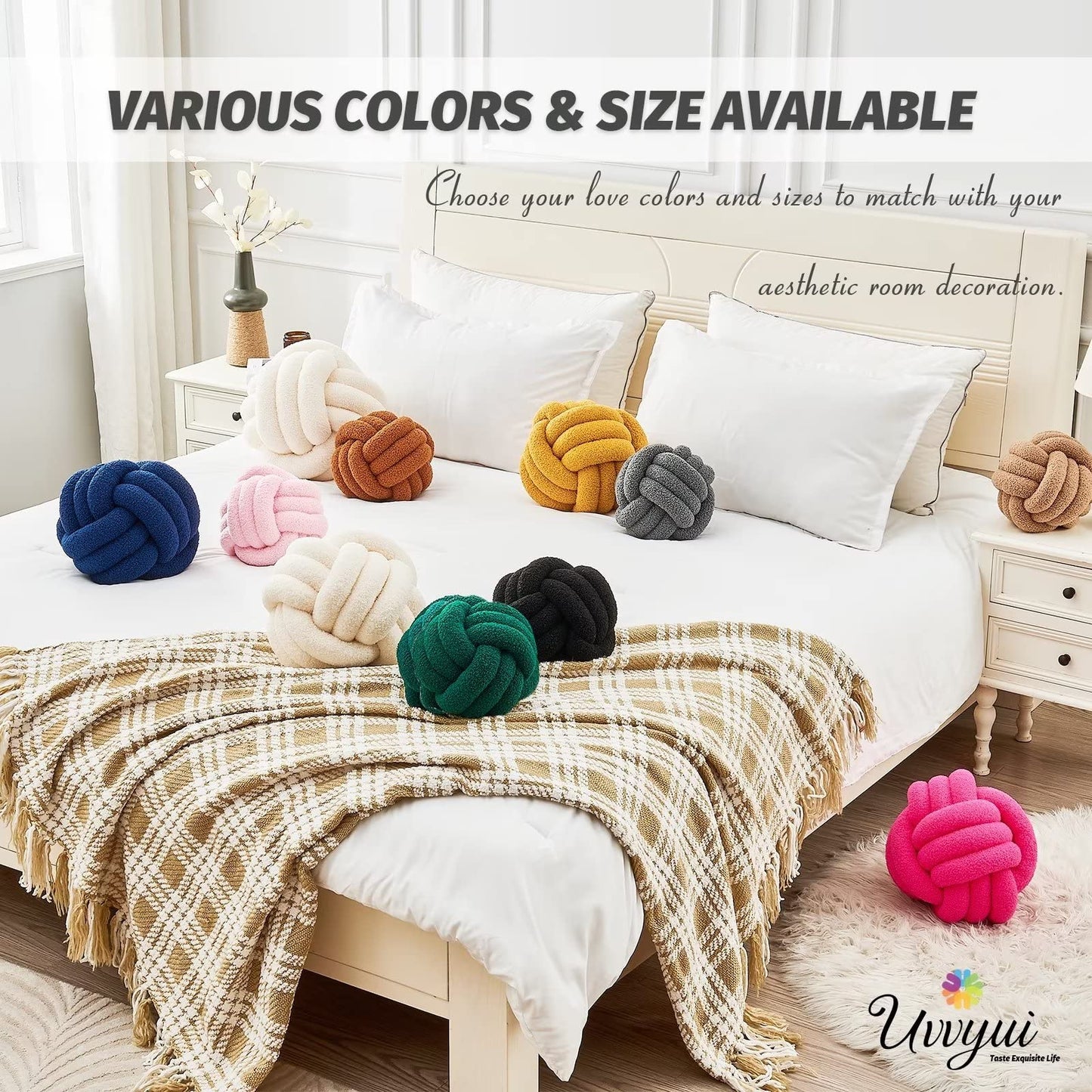 Uvvyui Knot Pillow Ball, Soft Home Decorative Round Throw Pillow, Handmade Knotted Plush Pillow, Round Boucle Pillow Cushion (8.6 Inches Ivory)