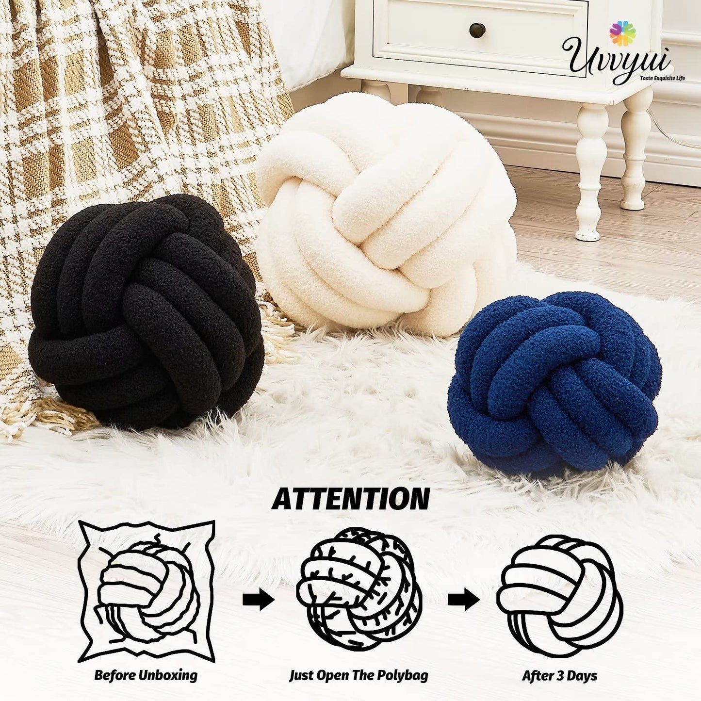 Uvvyui Knot Pillow Ball, Soft Home Decorative Round Throw Pillow, Handmade Knotted Plush Pillow, Round Boucle Pillow Cushion (8.6 Inches Ivory)