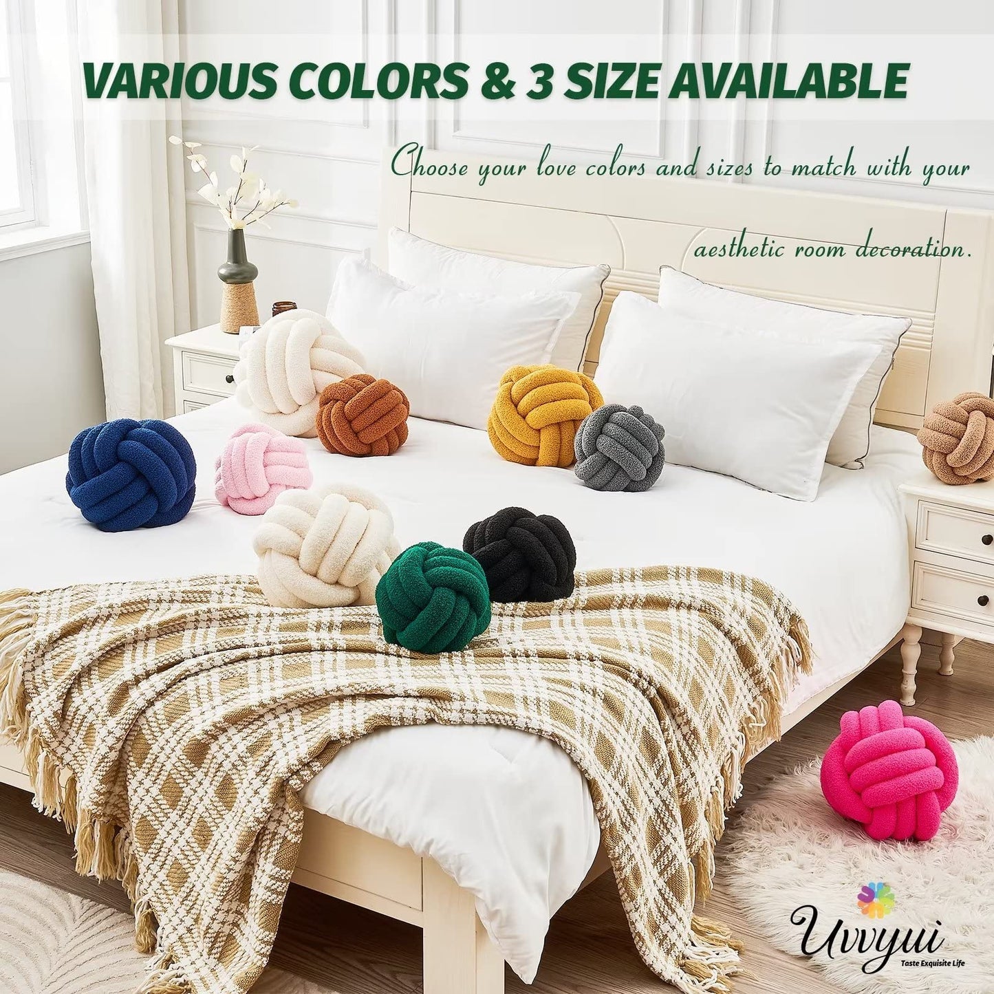 Uvvyui Knot Pillow Ball, Soft Home Decorative Round Throw Pillow, Handmade Knotted Plush Pillow, Round Boucle Pillow Cushion (8.6 Inches Ivory)