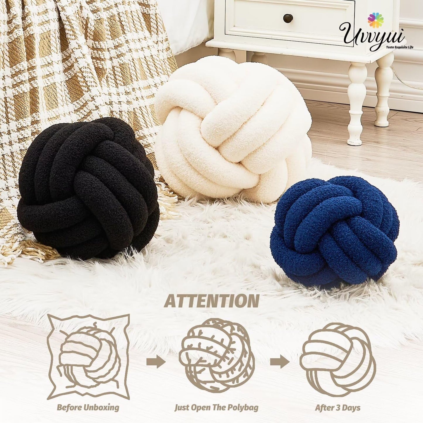 Uvvyui Knot Pillow Ball, Soft Home Decorative Round Throw Pillow, Handmade Knotted Plush Pillow, Round Boucle Pillow Cushion (8.6 Inches Ivory)