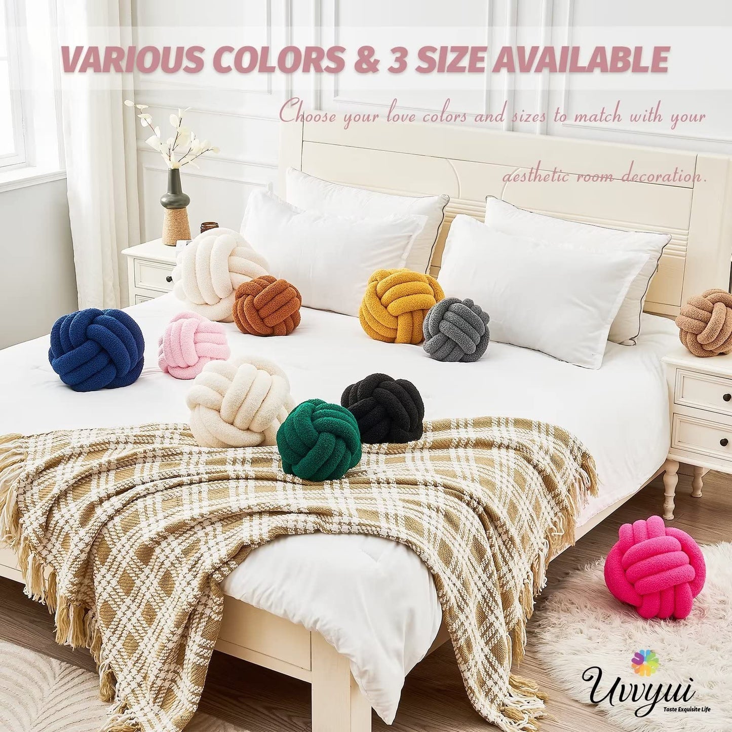 Uvvyui Knot Pillow Ball, Soft Home Decorative Round Throw Pillow, Handmade Knotted Plush Pillow, Round Boucle Pillow Cushion (8.6 Inches Ivory)