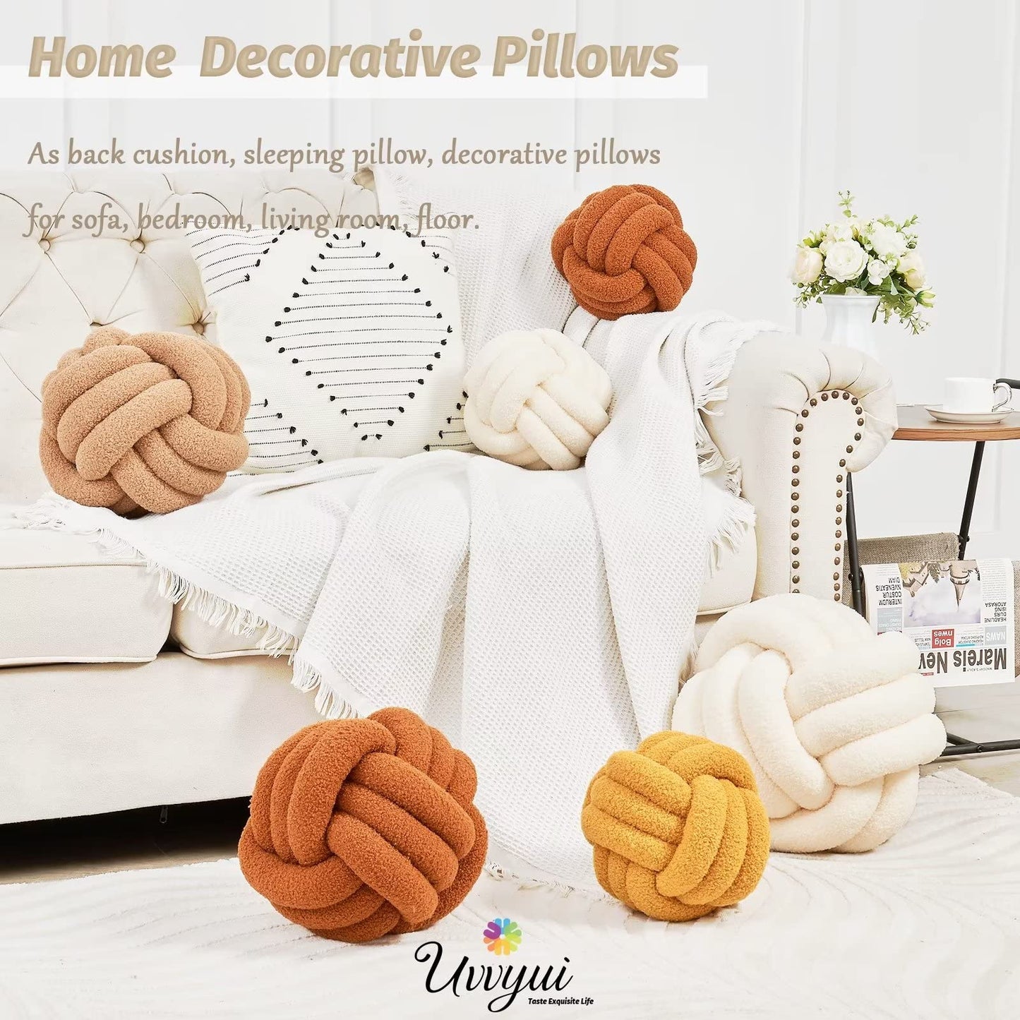 Uvvyui Knot Pillow Ball, Soft Home Decorative Round Throw Pillow, Handmade Knotted Plush Pillow, Round Boucle Pillow Cushion (8.6 Inches Ivory)