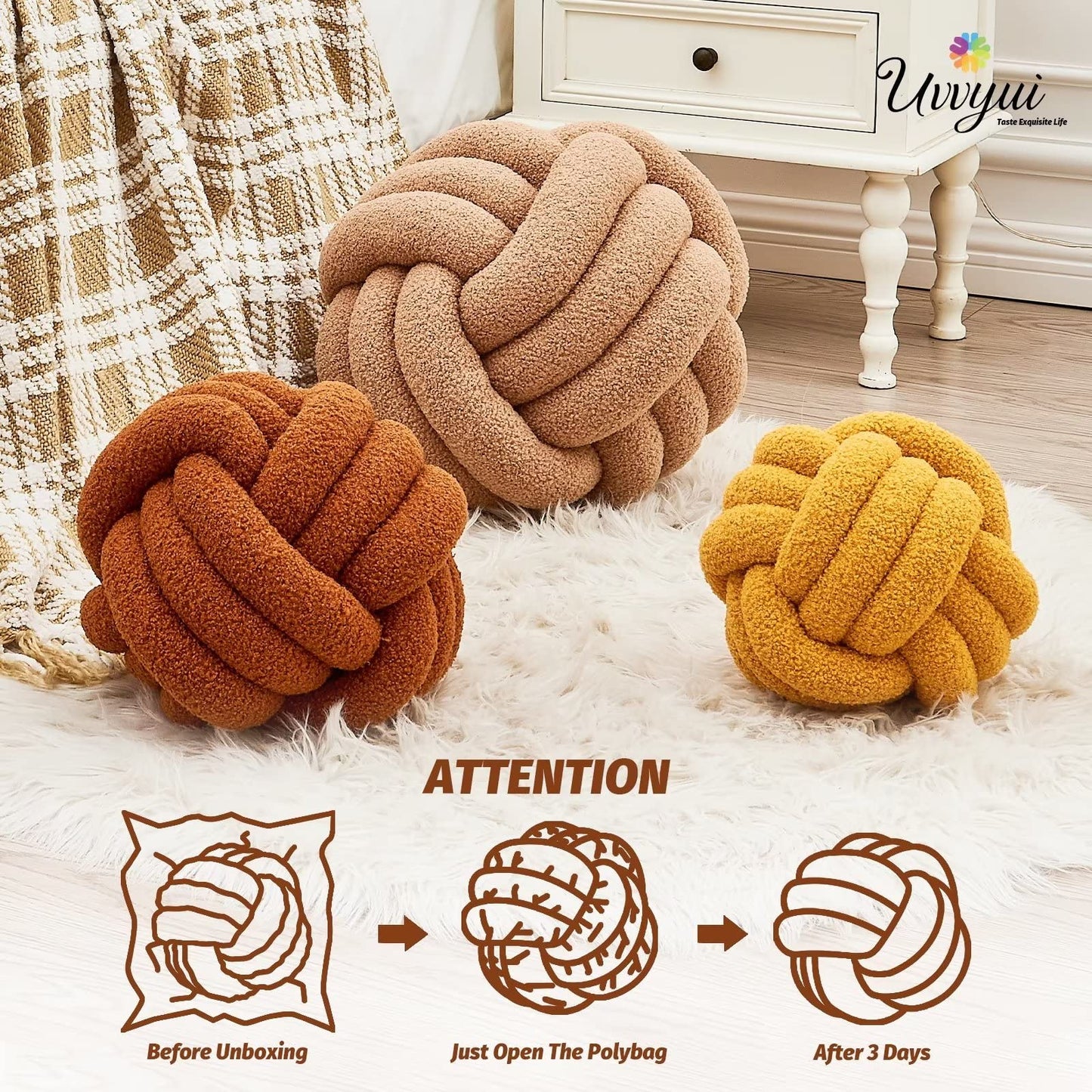 Uvvyui Knot Pillow Ball, Soft Home Decorative Round Throw Pillow, Handmade Knotted Plush Pillow, Round Boucle Pillow Cushion (8.6 Inches Ivory)