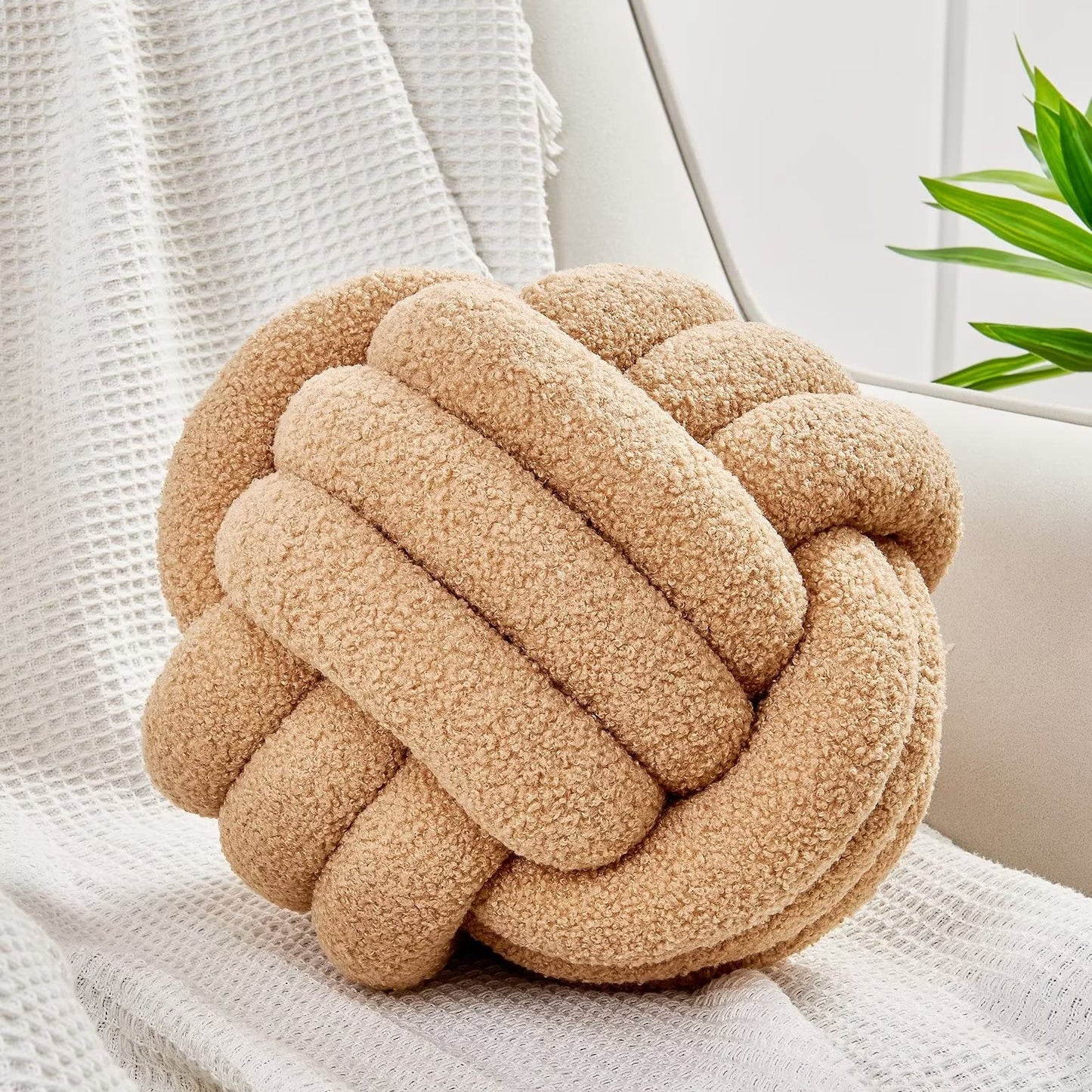 Uvvyui Knot Pillow Ball, Soft Home Decorative Round Throw Pillow, Handmade Knotted Plush Pillow, Round Boucle Pillow Cushion (8.6 Inches Ivory)
