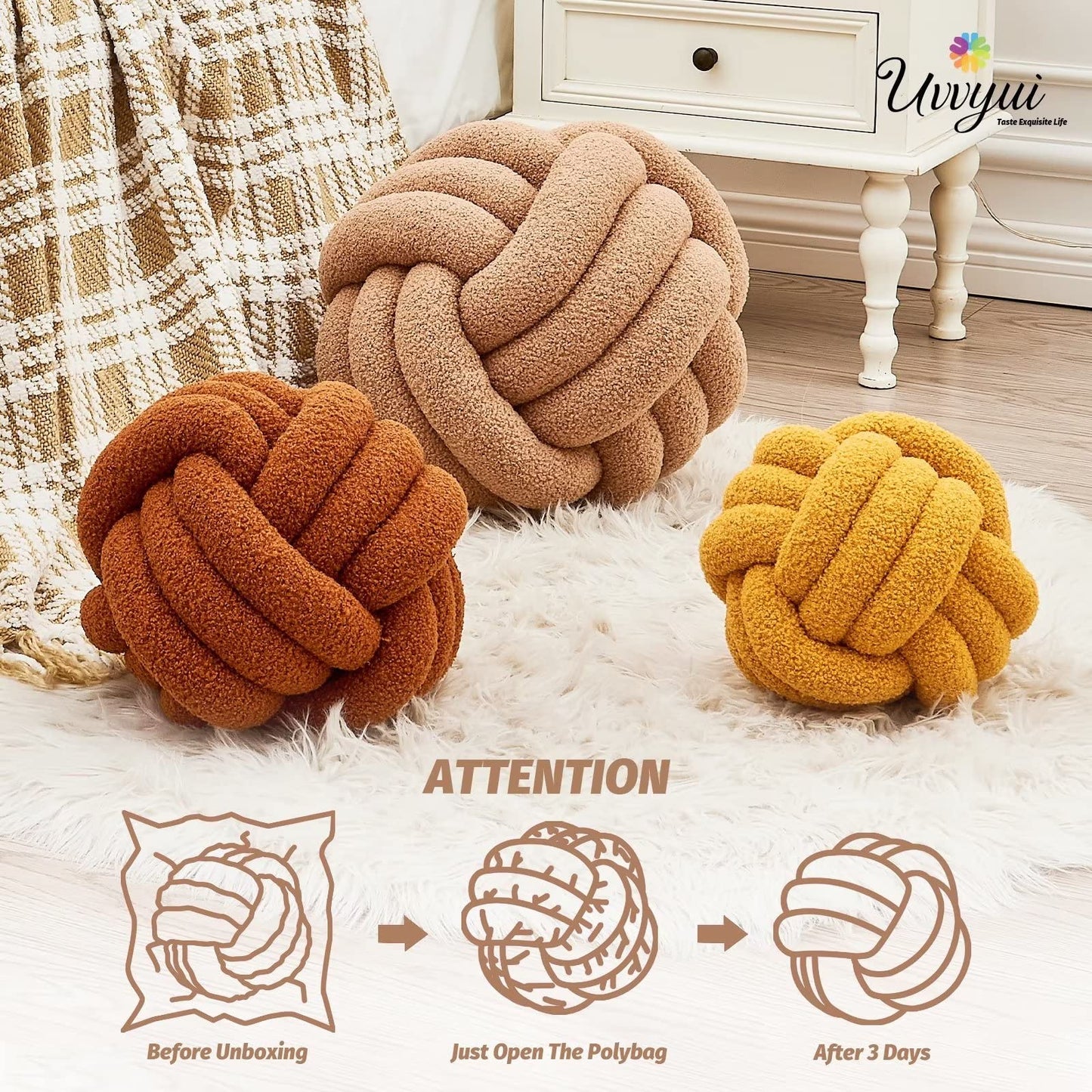 Uvvyui Knot Pillow Ball, Soft Home Decorative Round Throw Pillow, Handmade Knotted Plush Pillow, Round Boucle Pillow Cushion (8.6 Inches Ivory)