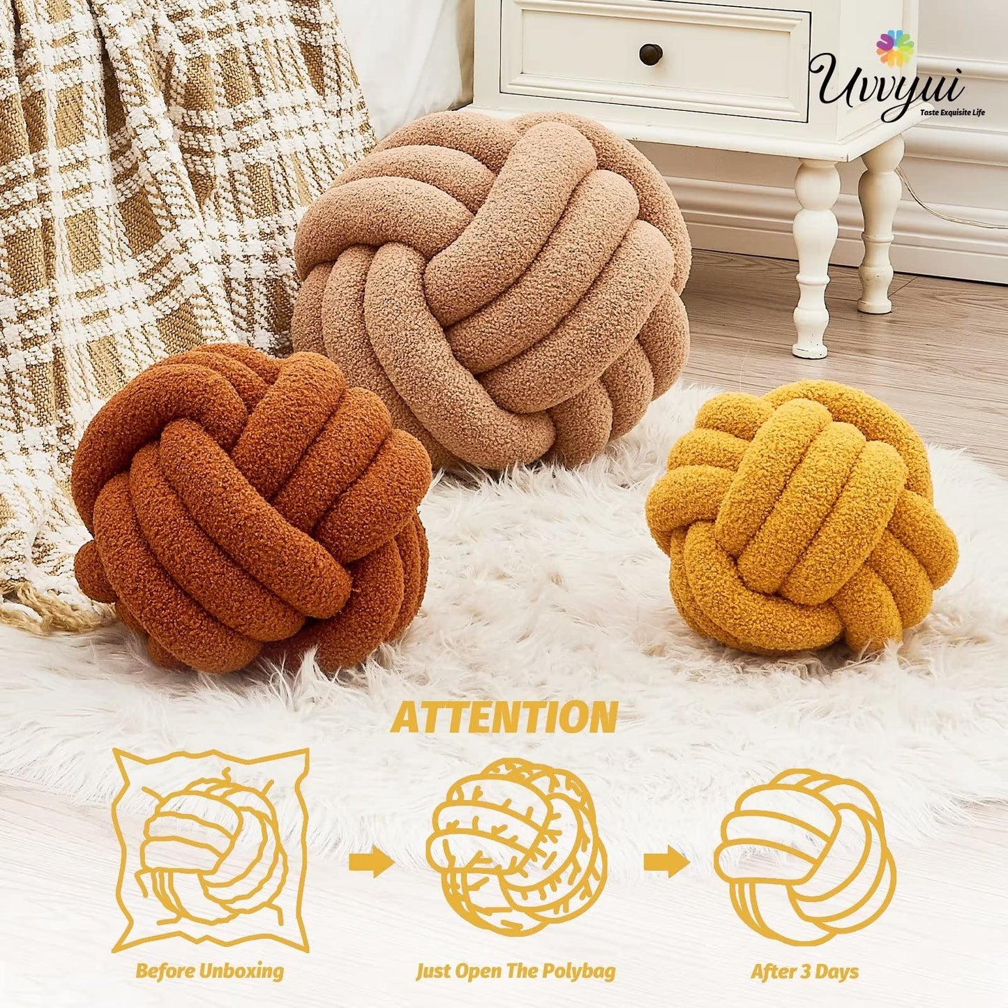 Uvvyui Knot Pillow Ball, Soft Home Decorative Round Throw Pillow, Handmade Knotted Plush Pillow, Round Boucle Pillow Cushion (8.6 Inches Ivory)