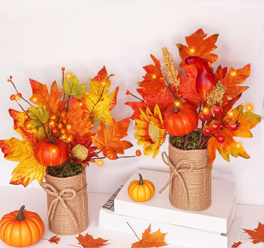 [2-Style & Light Timer] 2 Pack 13 Inch Fall Decor Table Centerpiece with Lights 20LED Maple Arrangement Potted Pumpkin Sunflower in Burlap Fall Decorations for Home Kitchen Office Autumn Thanksgiving