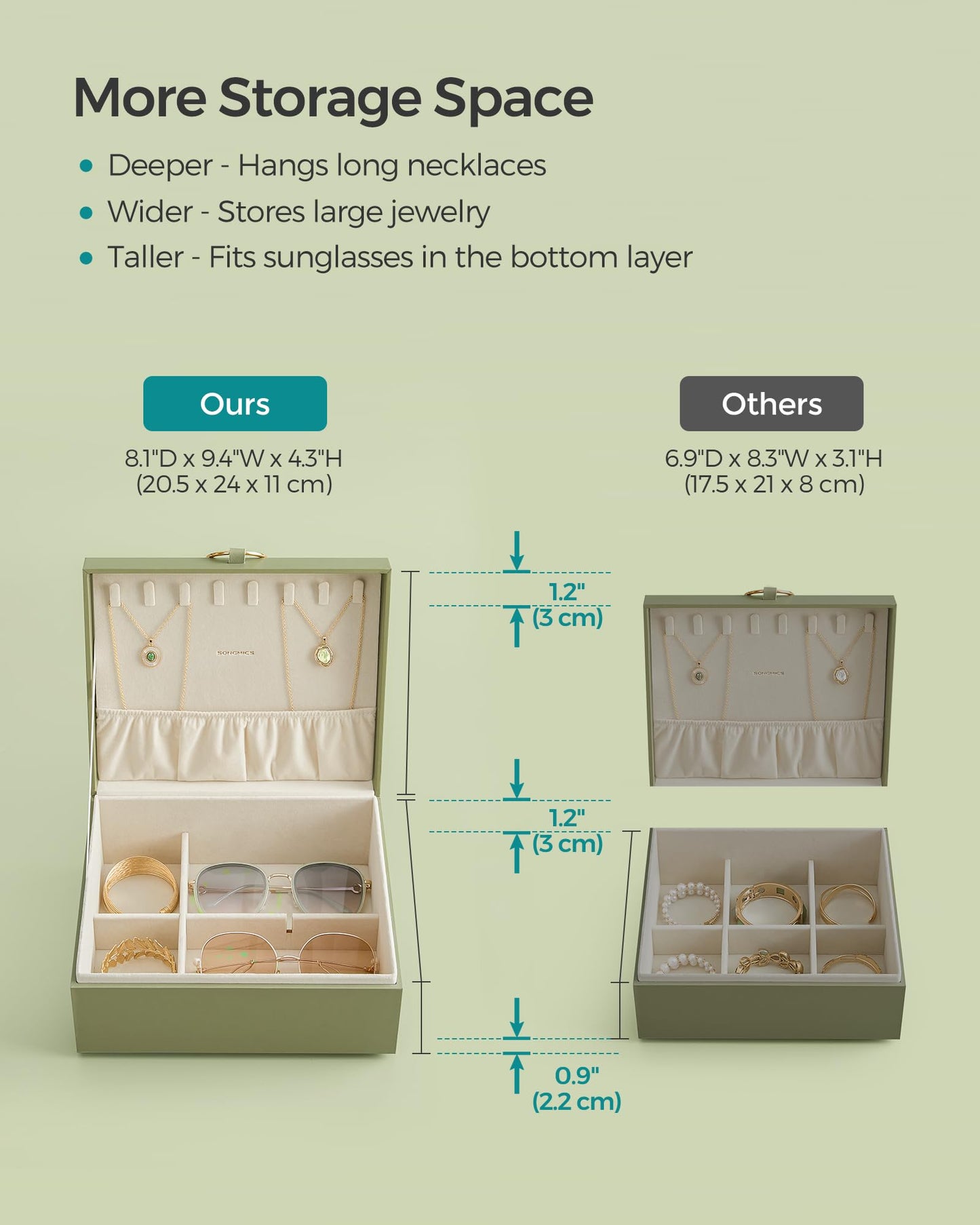 SONGMICS 2-Layer Jewelry Box, Jewelry Organizer with Handle, Removable Jewelry Tray, Jewelry Storage, Floating Effect, 8.1 x 9.4 x 4.3 Inches, Christmas Gift, Forest Green UJBC165C01