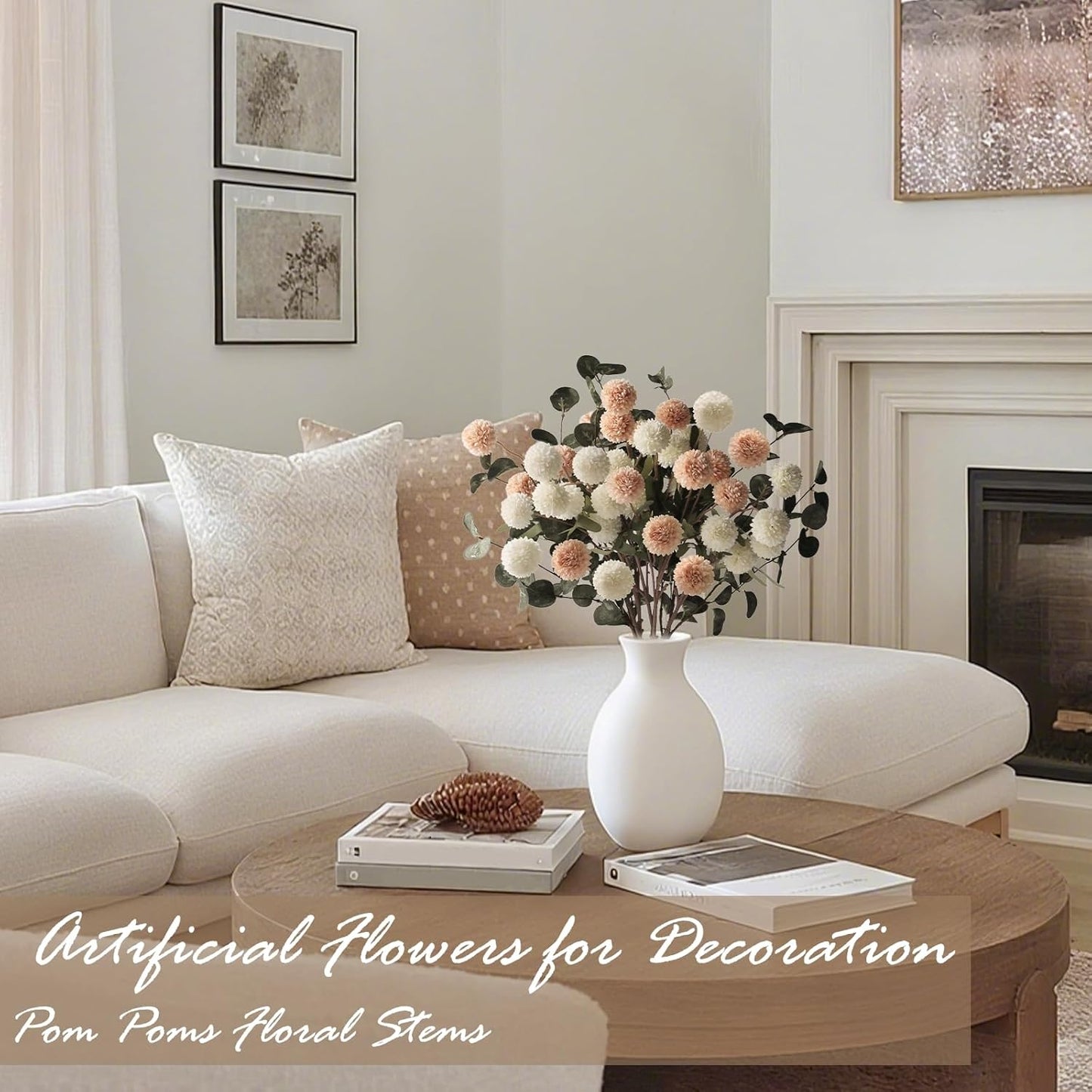 7Pcs Beige White Faux Kiku Flower 25 Heads+18 Eucalyptus, Long Stem Pom Pom Fake Mums Artificial Flowers for Vase Silk Chrysanthemum for Centerpiece Bouquet Floral Arrangement Tan Nude Neutral Cream
