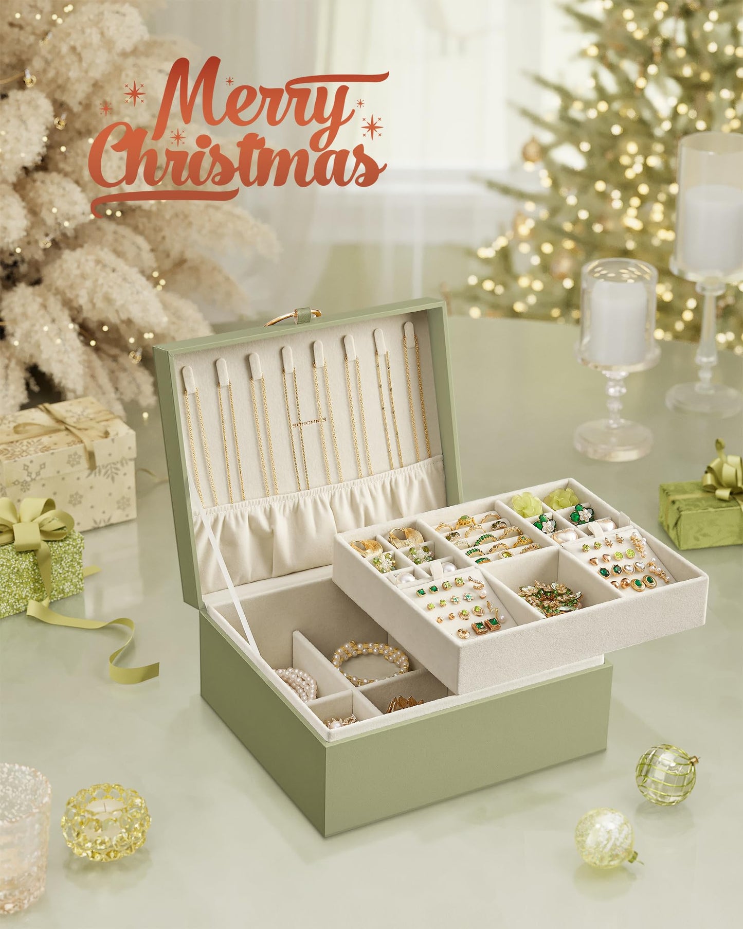 SONGMICS 2-Layer Jewelry Box, Jewelry Organizer with Handle, Removable Jewelry Tray, Jewelry Storage, Floating Effect, 8.1 x 9.4 x 4.3 Inches, Christmas Gift, Forest Green UJBC165C01
